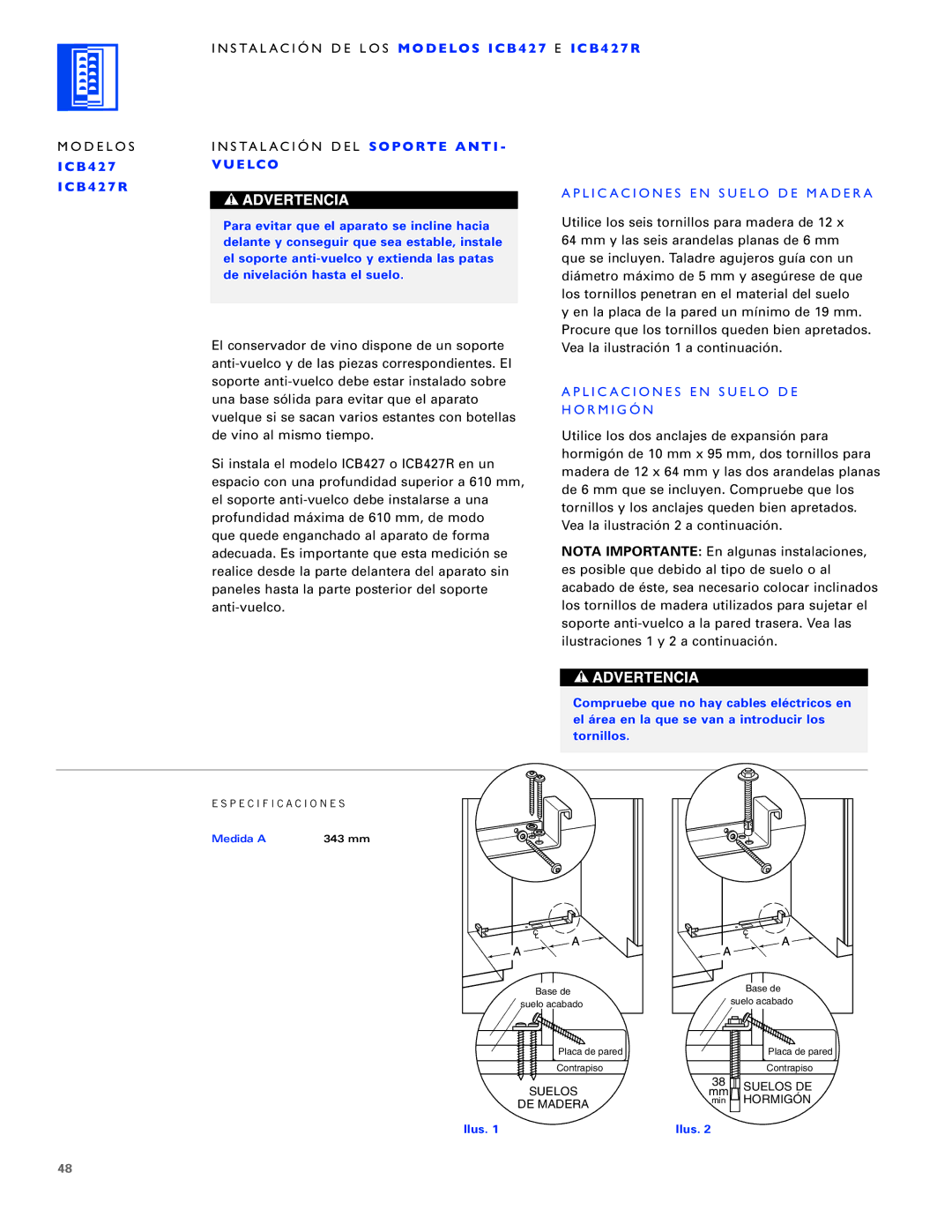 Sub-Zero ICB430, ICB424FS, ICB427R manual Aplicaciones EN Suelo DE Madera, Tornillos 