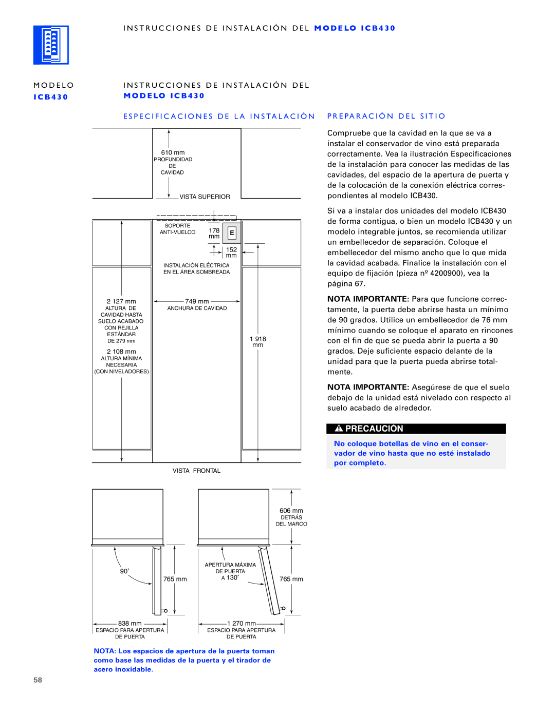 Sub-Zero ICB424, ICB430, ICB427 manual Instrucciones DE Instalación DEL M O D E LO I C B 4 3 Modelo, B 4 3 D E LO I C B 4 3 