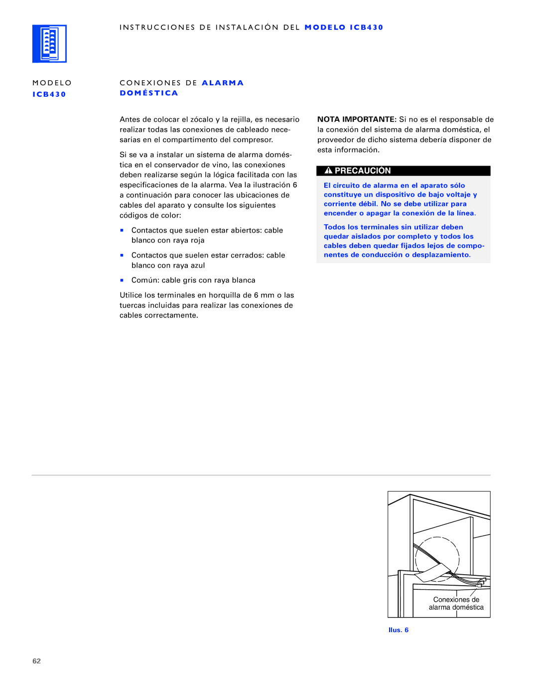 Sub-Zero ICB424FS, ICB430, ICB427 Instrucciones DE Instalación DEL M O D E LO I C B 4 3, Modelo Conexiones DE a LA R M a 