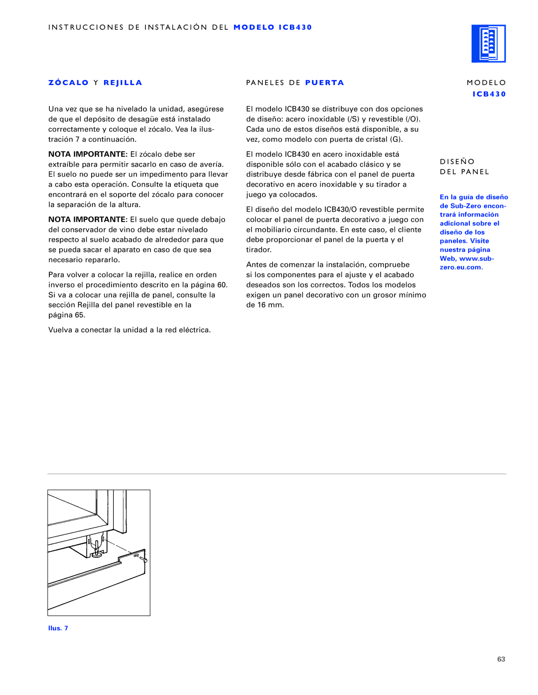 Sub-Zero ICB430, ICB424FS, ICB427R manual C a LO Y R E J I L L a Paneles DE P U E RTA Modelo, Diseño DEL Panel 
