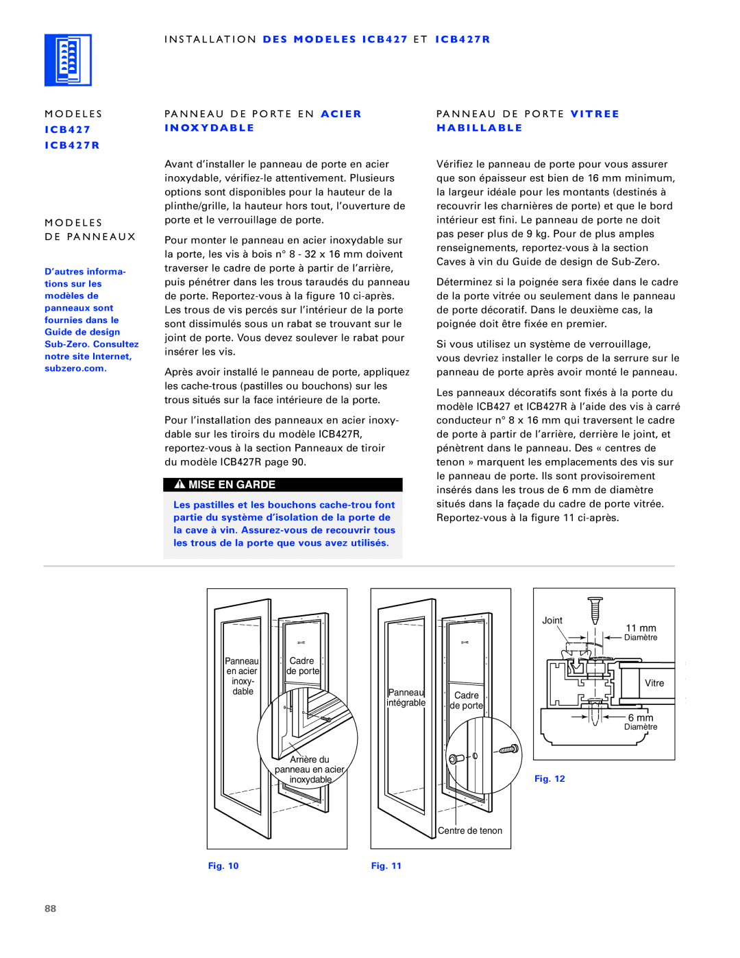 Sub-Zero ICB430, ICB424FS, ICB427R manual Cadre 