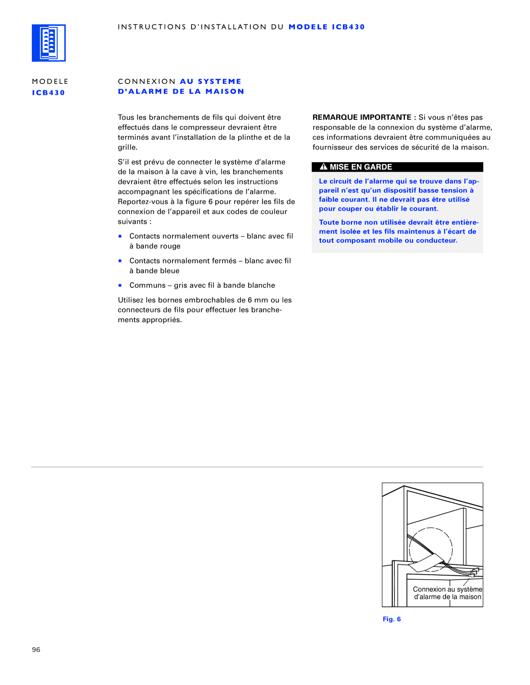 Sub-Zero ICB427, ICB430, ICB424FS Instructions D’INSTALLATION DU M O D E L E I C B 4 3, Modele Connexion AU S YS T E M E 