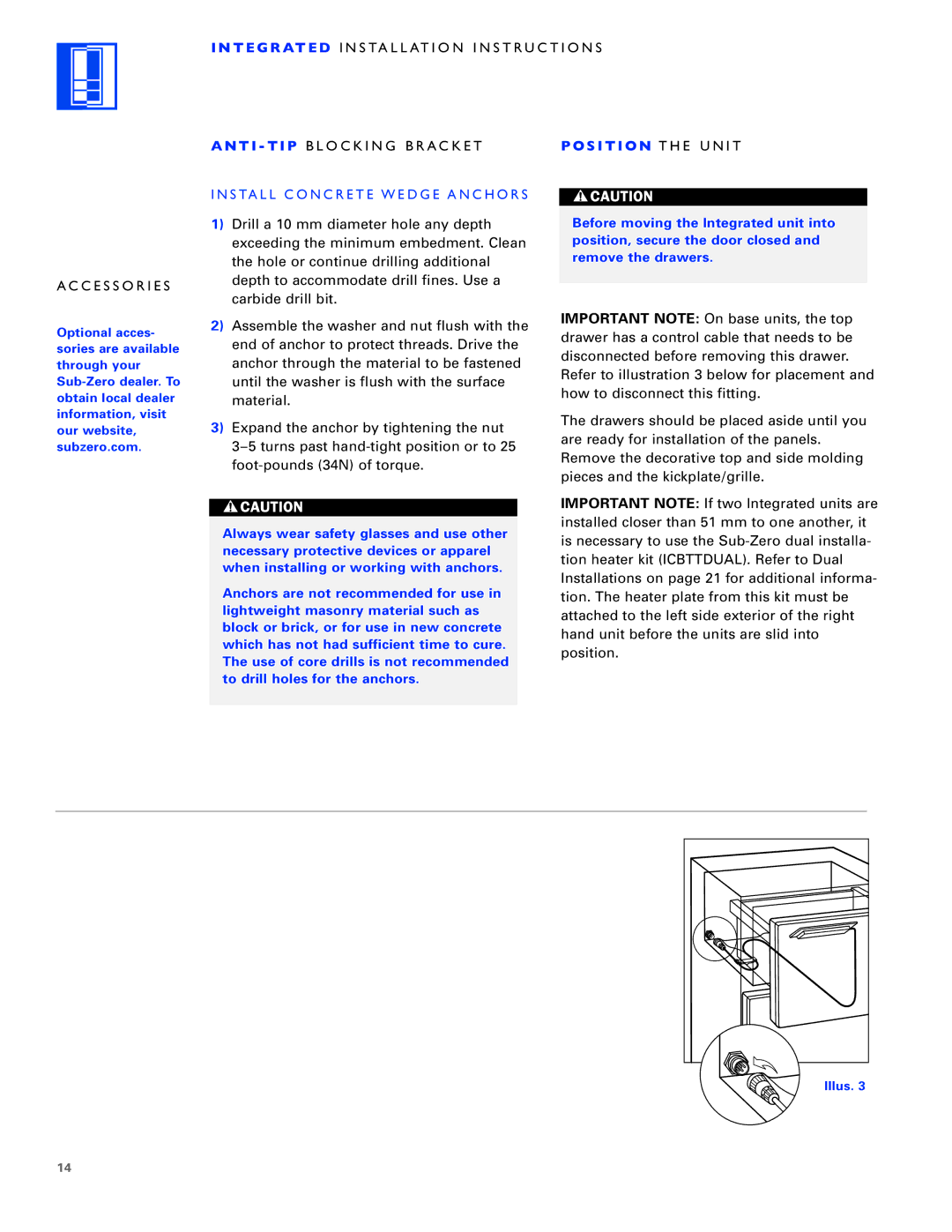 Sub-Zero ICB700TR T E G R AT E D Installation Instructions Accessories, T I T I P Blocking Bracket, S I T I O N the Unit 