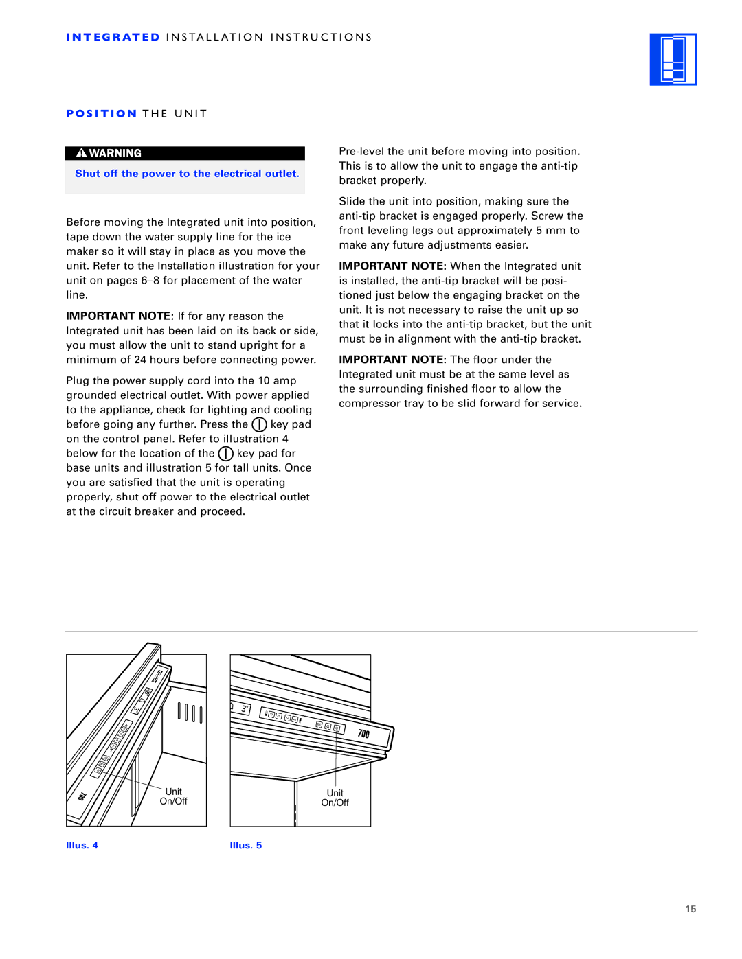 Sub-Zero ICB700TFI, ICB700TCI, ICB700TR installation instructions S I T I on the Unit 