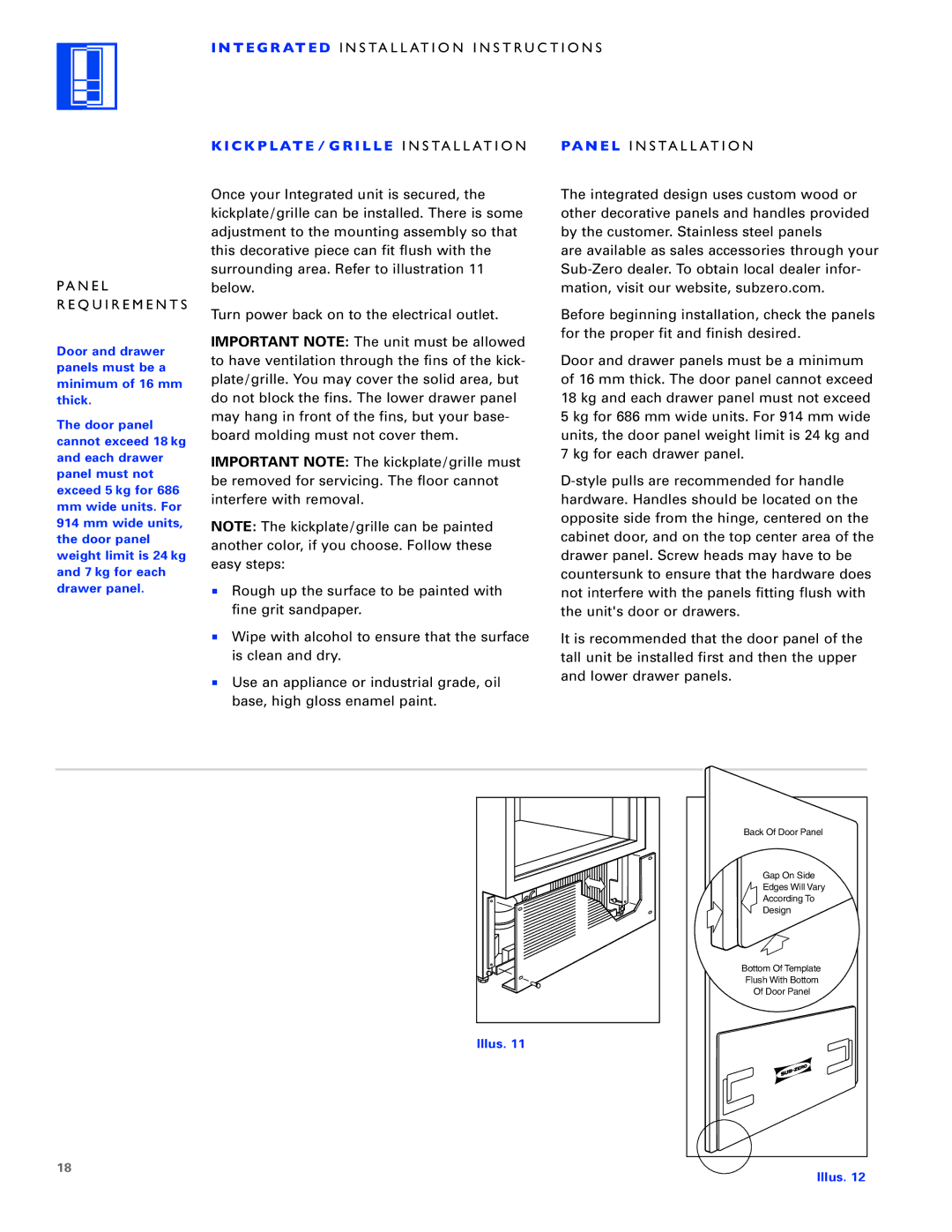 Sub-Zero ICB700TFI T E G R AT E D Installation Instructions Panel Requirements, C K P L AT E / G R I L L E Installation 