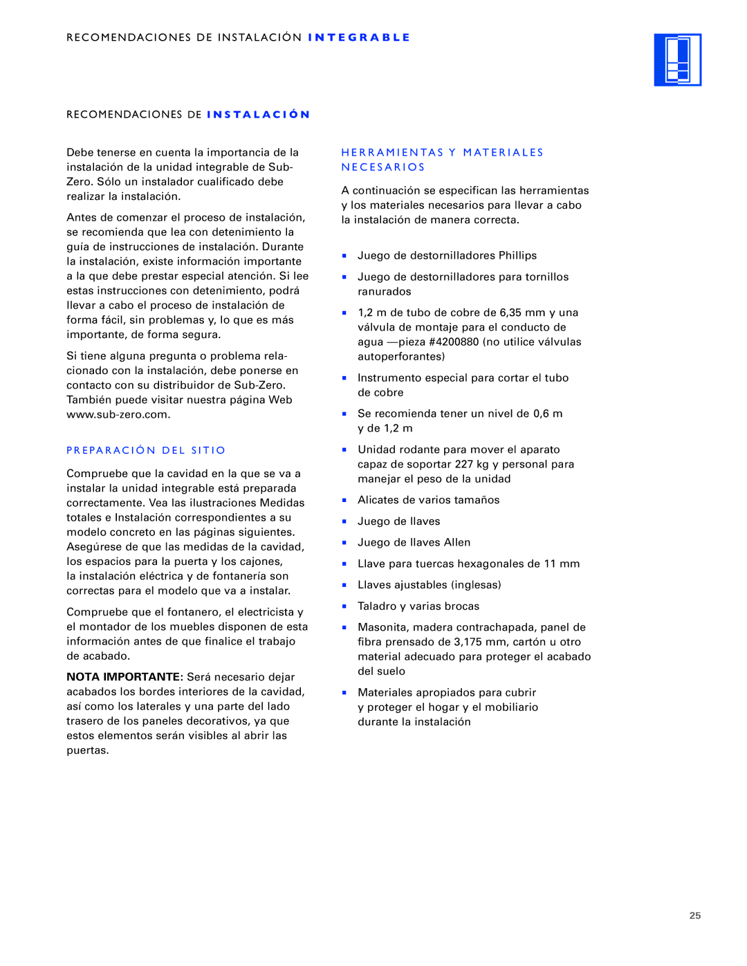 Sub-Zero ICB700TCI, ICB700TFI Recomendaciones DE Instalación I N T E G R a B L E, Herramientas Y Materiales, Necesarios 