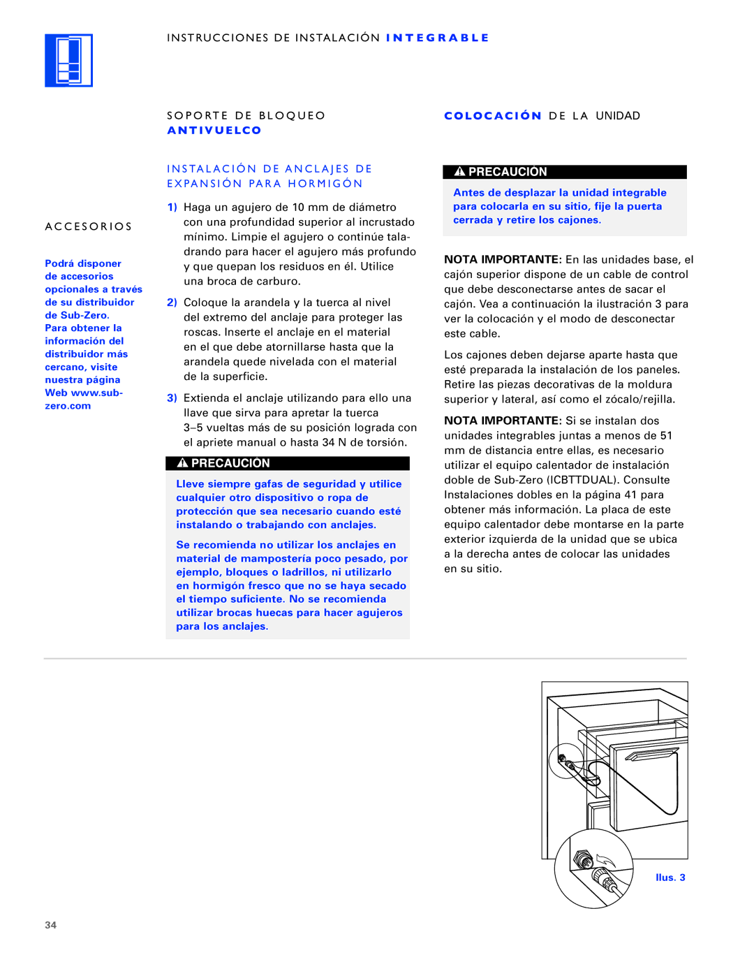 Sub-Zero ICB700TCI Instrucciones DE Instalación I N T E G R a B L E Accesorios, Soporte DE Bloqueo, T I V U E Lc O 