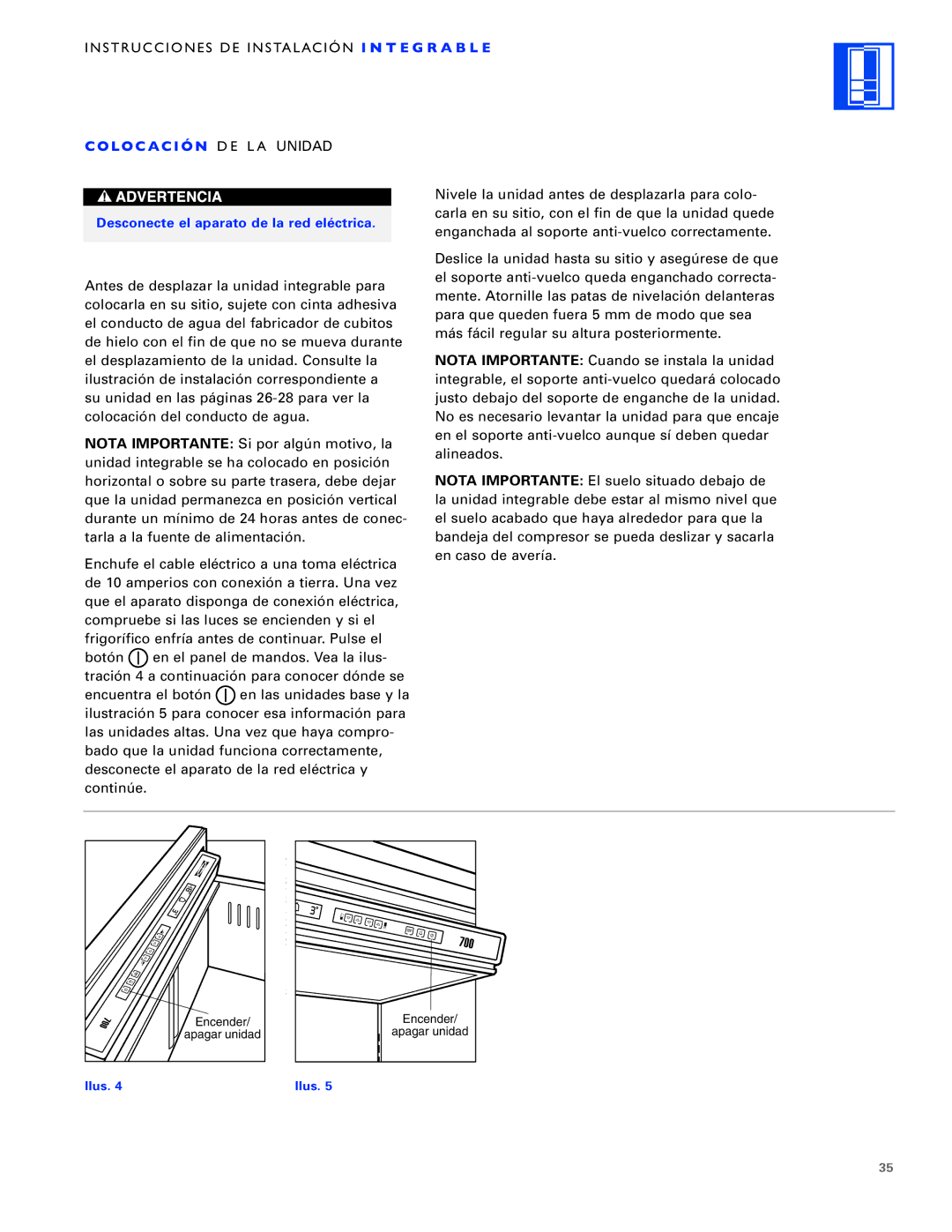 Sub-Zero ICB700TR, ICB700TFI, ICB700TCI installation instructions Nivele la unidad antes de desplazarla para colo 