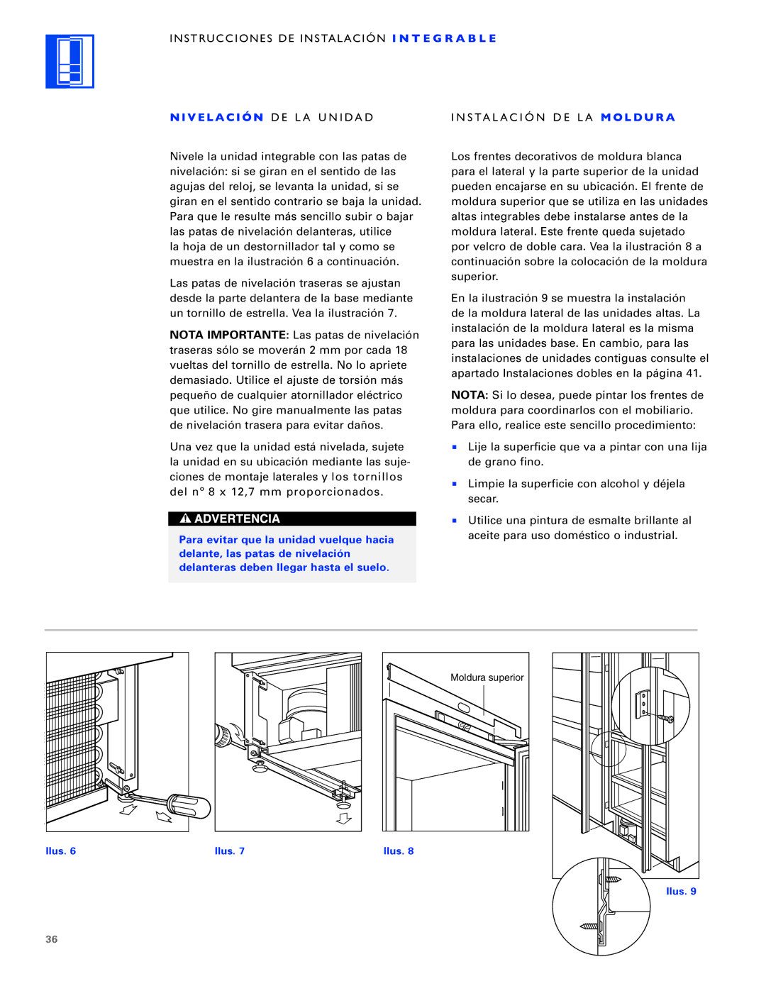 Sub-Zero ICB700TFI, ICB700TCI, ICB700TR V E L a C I Ó N DE LA Unidad Instalación DE LA M O L D U R a 