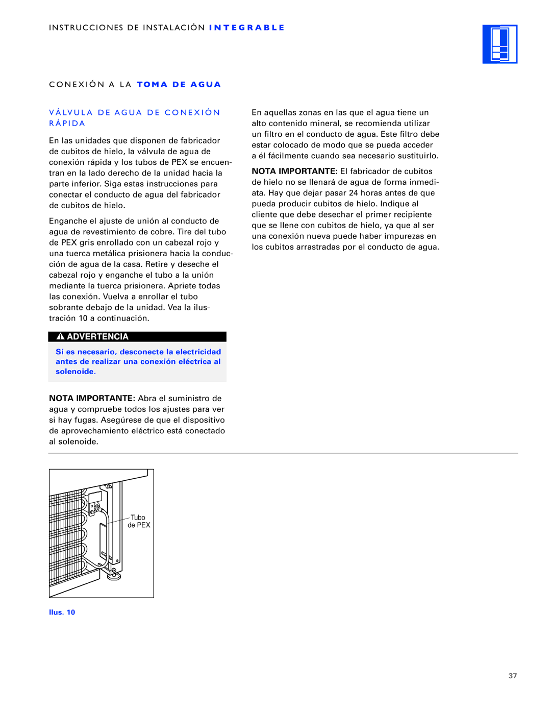 Sub-Zero ICB700TCI, ICB700TFI, ICB700TR Conexión a LA to M a D E a G UA, Válvula DE Agua DE Conexión Rápida 