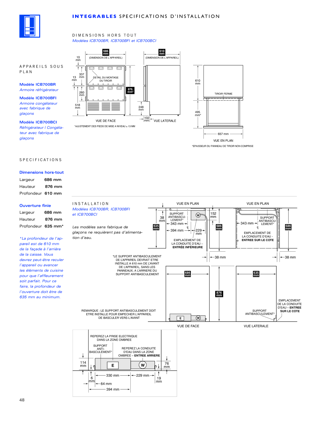 Sub-Zero ICB700TFI Largeur 686 mm Hauteur 876 mm Profondeur 610 mm, Largeur 686 mm Hauteur 876 mm Profondeur 635 mm 