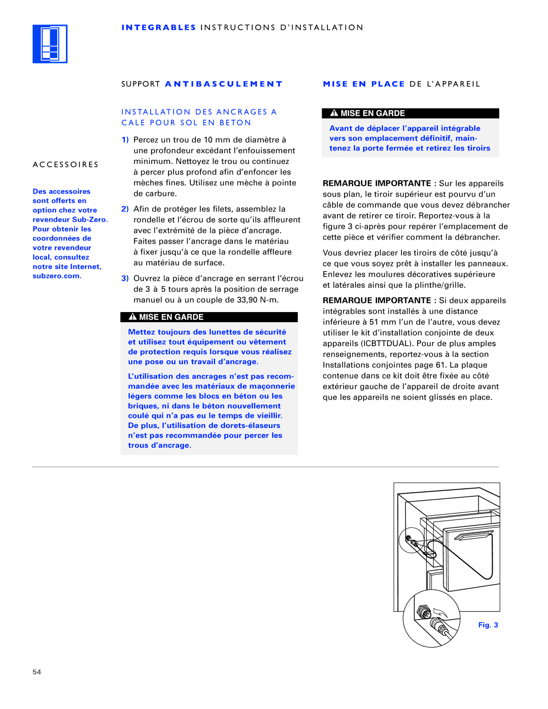 Sub-Zero ICB700TFI T E G R a B L E S Instructions D’INSTALLATION Accessoires, Support a N T I B a S C U L E M E N T 