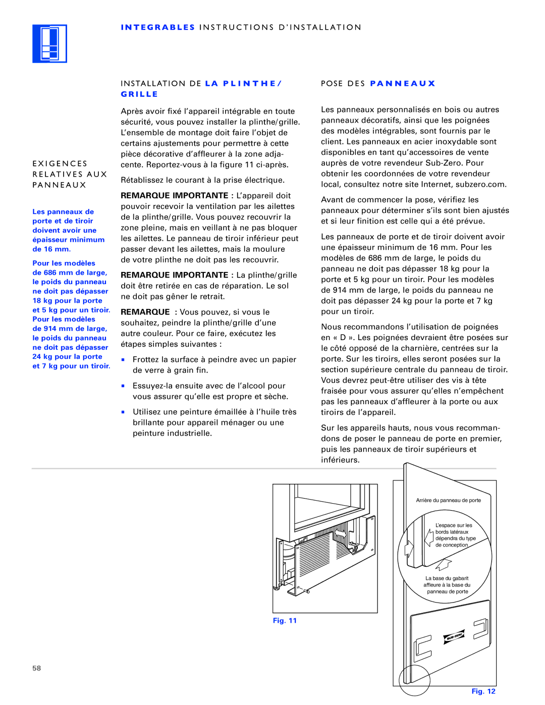 Sub-Zero ICB700TCI, ICB700TFI, ICB700TR Installation DE L a P L I N T H E I L L E, Pose DES P a N N E a U 