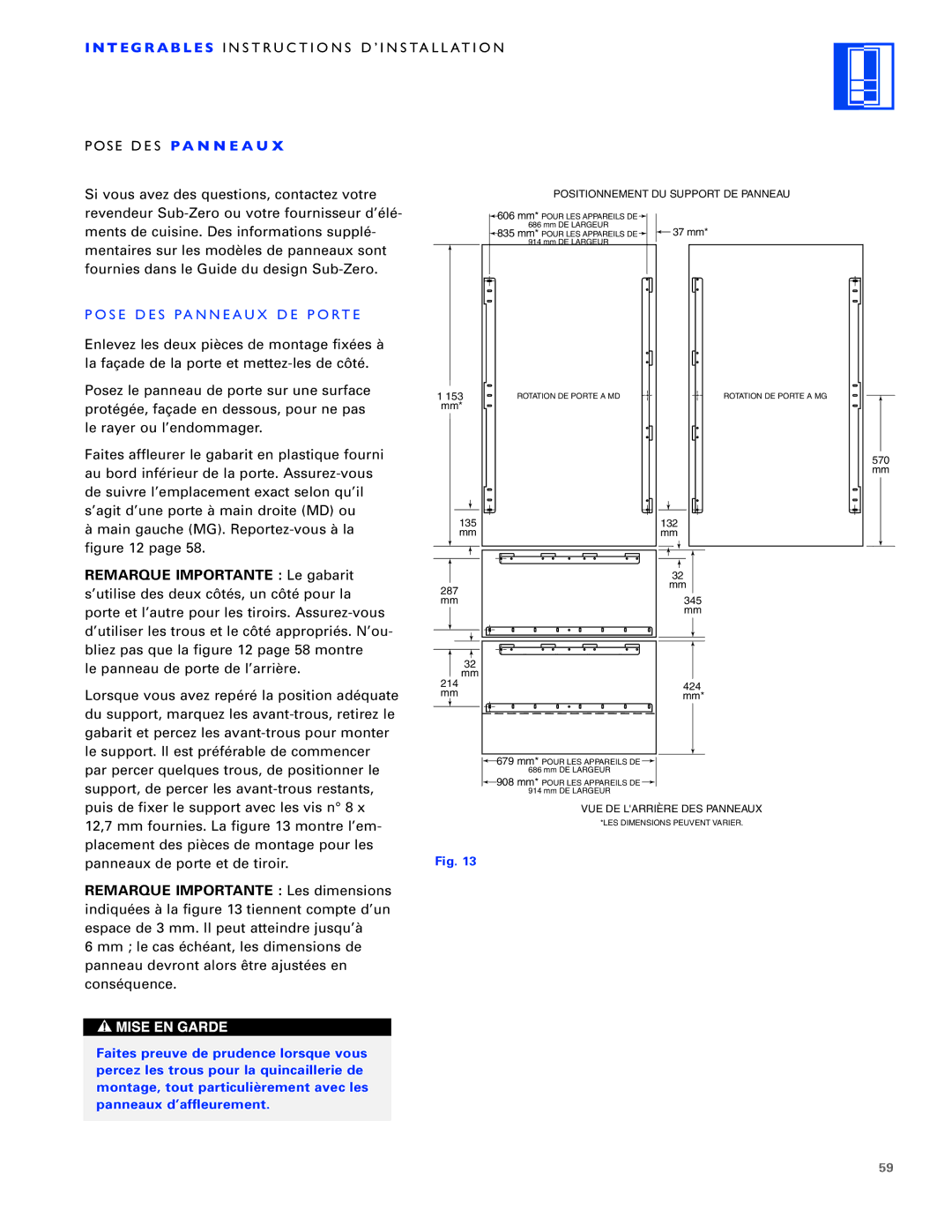 Sub-Zero ICB700TR, ICB700TFI, ICB700TCI installation instructions Pose DES Panneaux DE Porte, Remarque Importante Le gabarit 