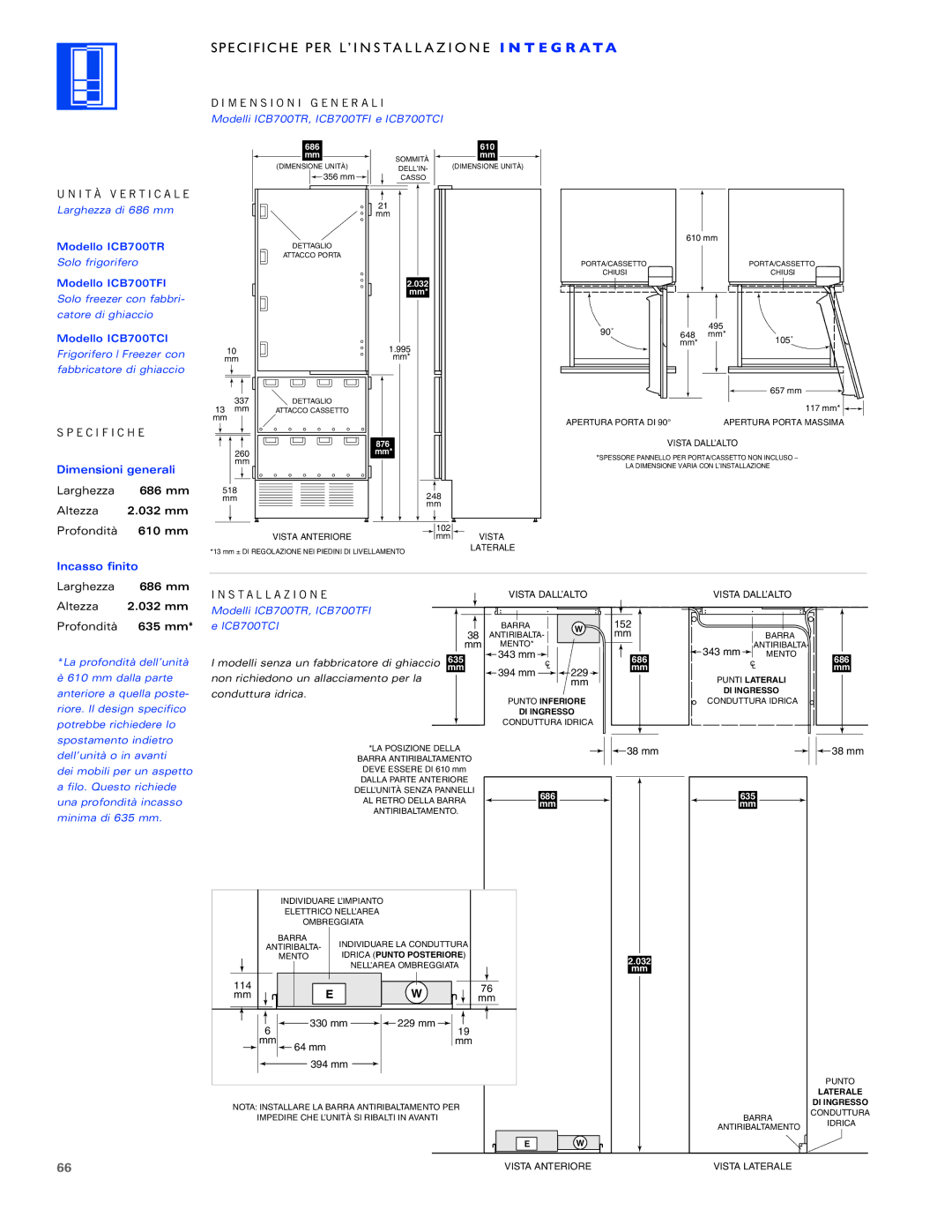 Sub-Zero ICB700TFI Specifiche PER L’INSTALLAZIONE I N T E G R a T a, Larghezza 686 mm Altezza 032 mm Profondità 635 mm 