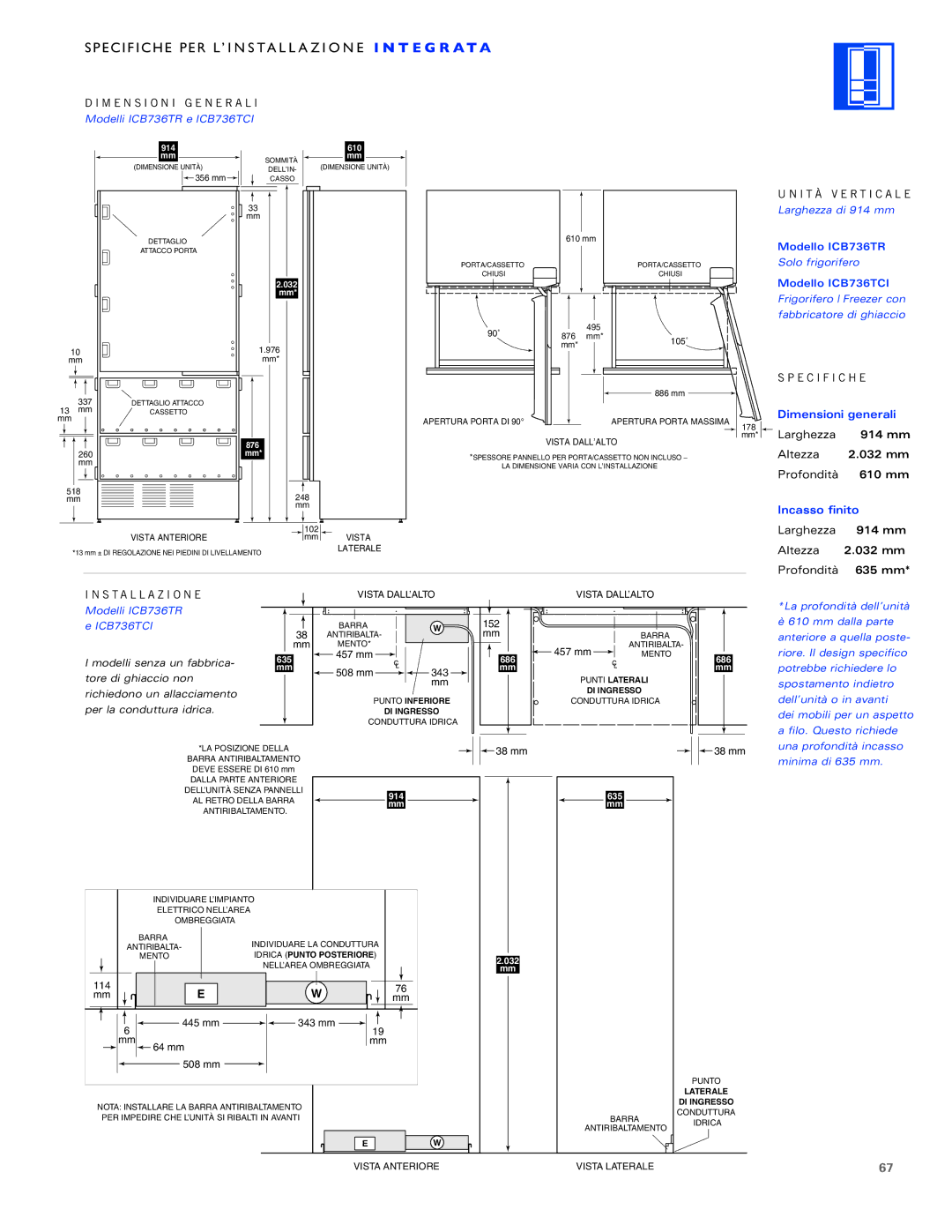 Sub-Zero ICB700TCI, ICB700TFI, ICB700TR Altezza 032 mm Profondità 610 mm, Larghezza 914 mm Altezza 032 mm Profondità 635 mm 