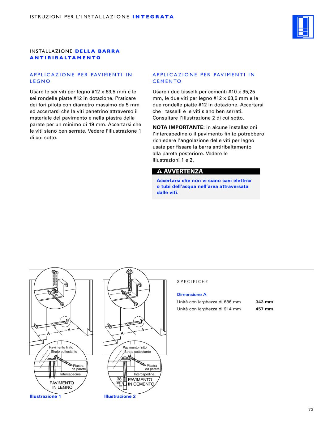 Sub-Zero ICB700TCI, ICB700TFI, ICB700TR installation instructions Applicazione PER Pavimenti Legno Cemento, 343 mm 