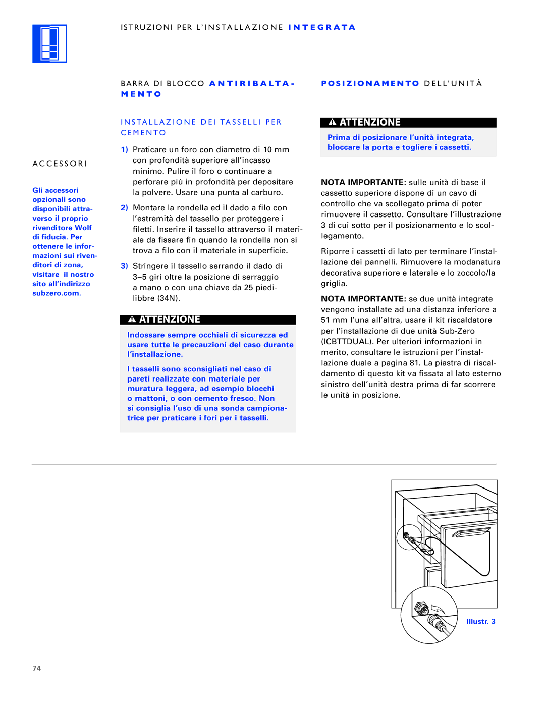 Sub-Zero ICB700TR Istruzioni PER L’INSTALLAZIONE I N T E G R a T a Accessori, Barra DI Blocco a N T I R I B a L T a N T O 