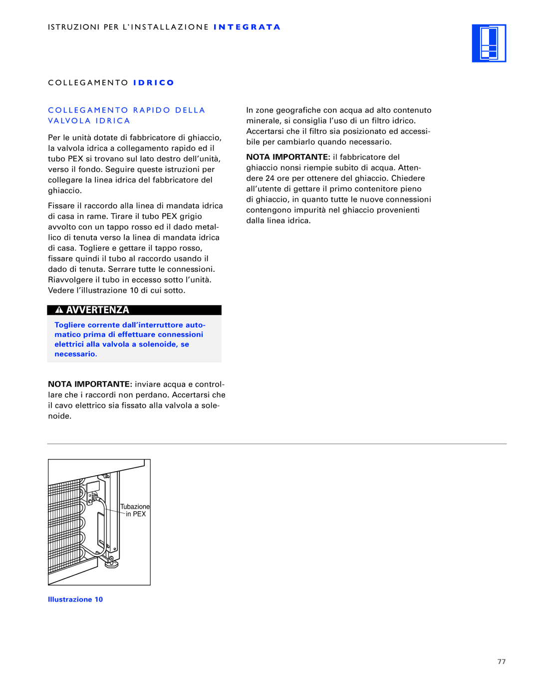 Sub-Zero ICB700TR, ICB700TFI, ICB700TCI installation instructions Collegamento Rapido Della, Valvola Idrica 