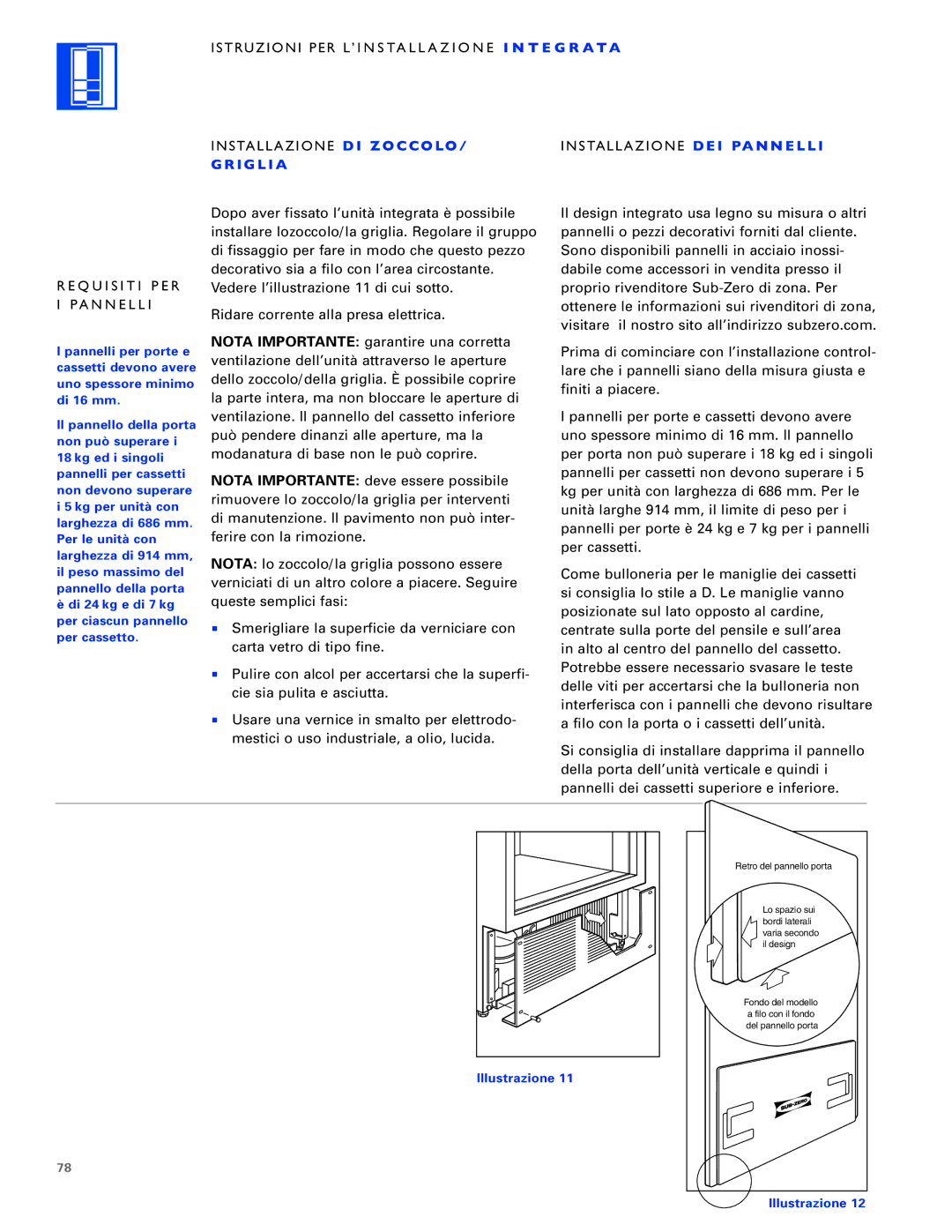 Sub-Zero ICB700TFI, ICB700TCI, ICB700TR Installazione D I Z O CCO LO I G L I a, Installazione D E I PA N N E L L 