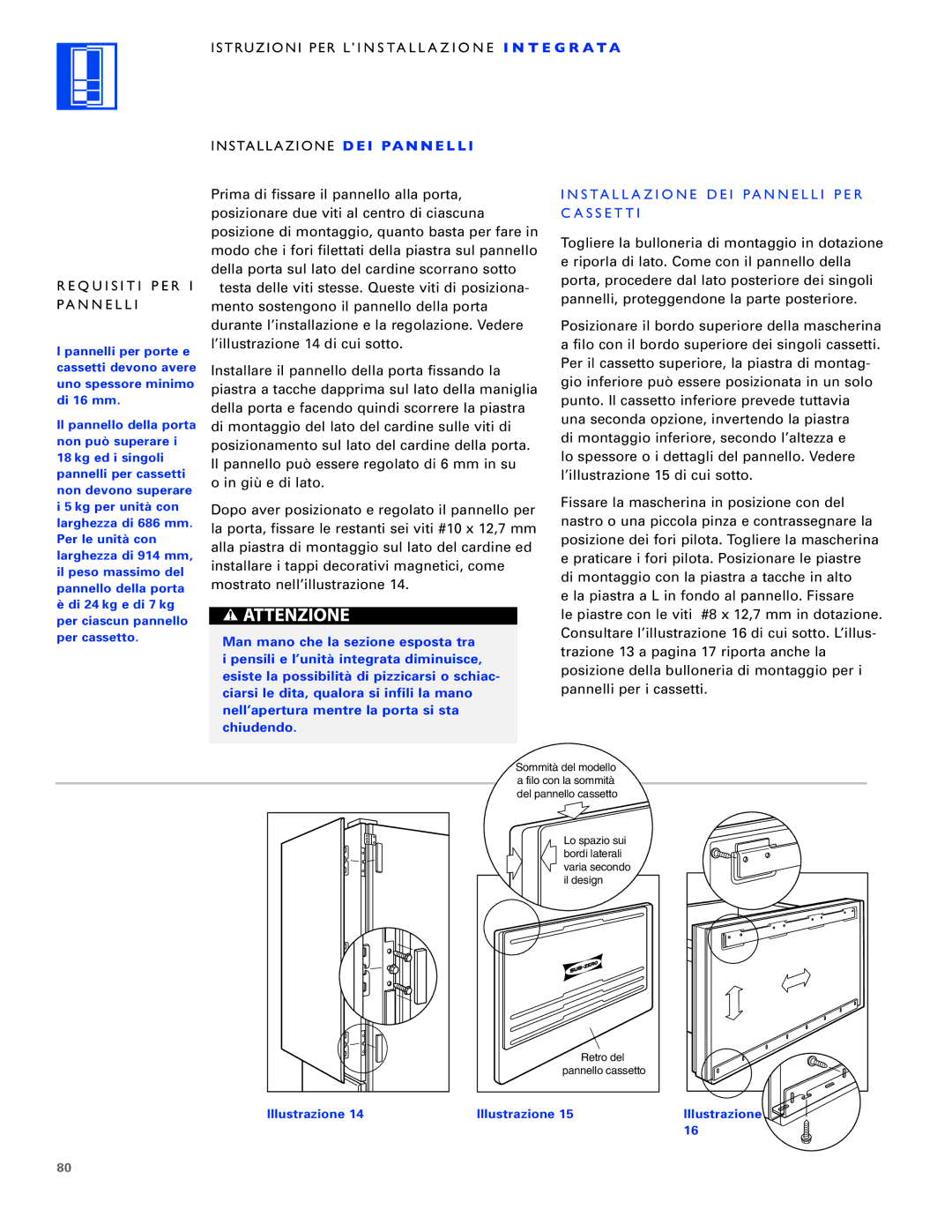 Sub-Zero ICB700TR, ICB700TFI, ICB700TCI installation instructions Installazione DEI Pannelli PER Cassetti 