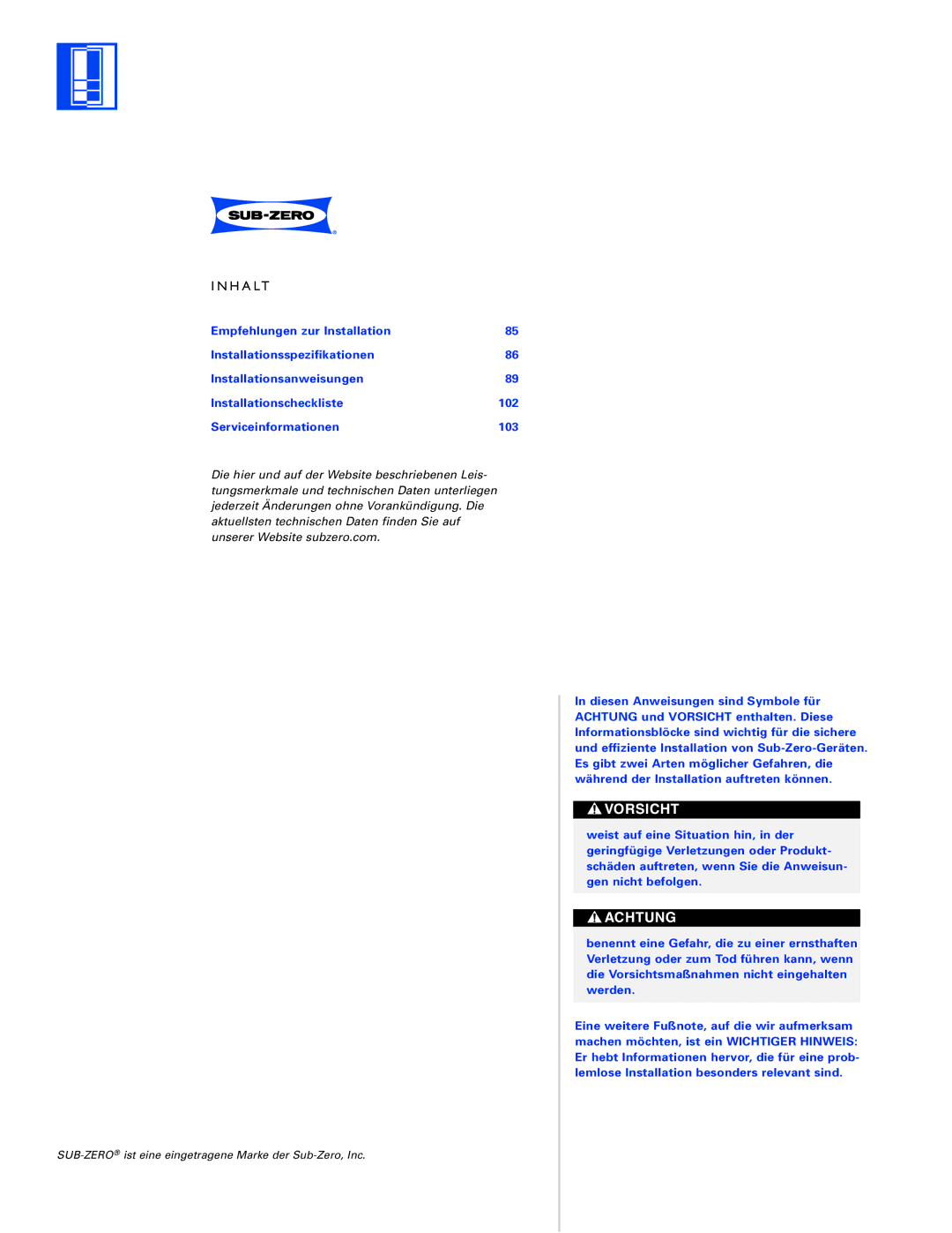 Sub-Zero ICB700TFI, ICB700TCI, ICB700TR installation instructions Vorsicht 