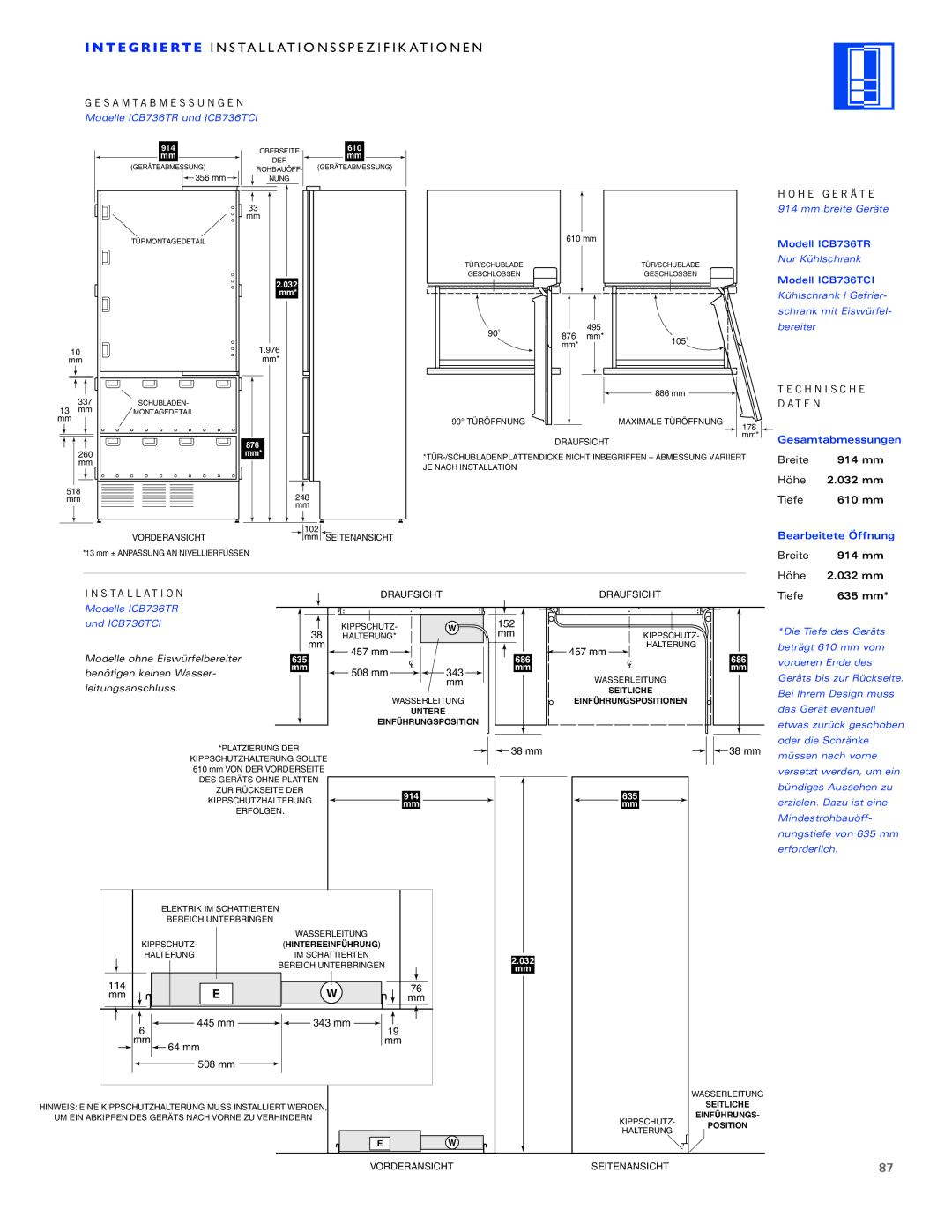 Sub-Zero ICB700TFI, ICB700TCI, ICB700TR installation instructions Breite 914 mm Höhe 032 mm Tiefe 610 mm 