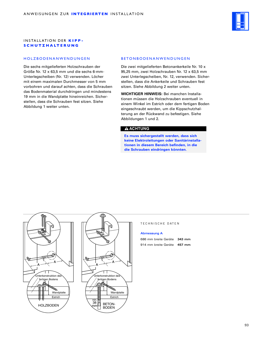 Sub-Zero ICB700TFI, ICB700TCI, ICB700TR installation instructions H U T Z H a L T E R U N G 