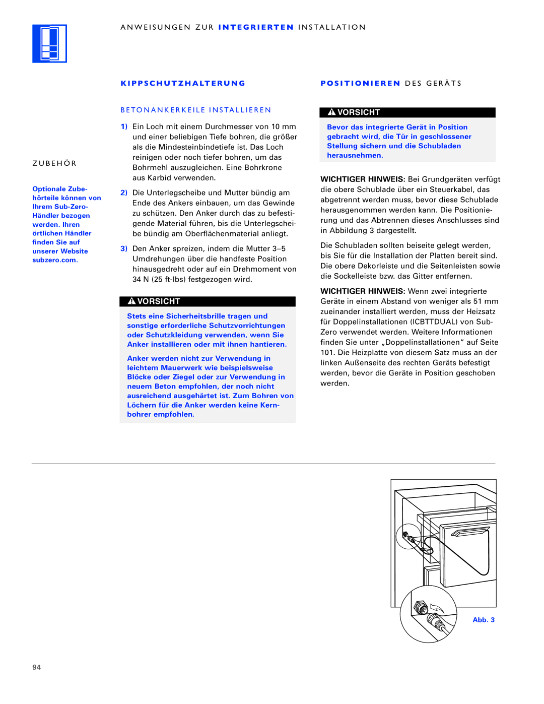 Sub-Zero ICB700TCI, ICB700TFI, ICB700TR installation instructions S I T I O N I E R E N DES Geräts 