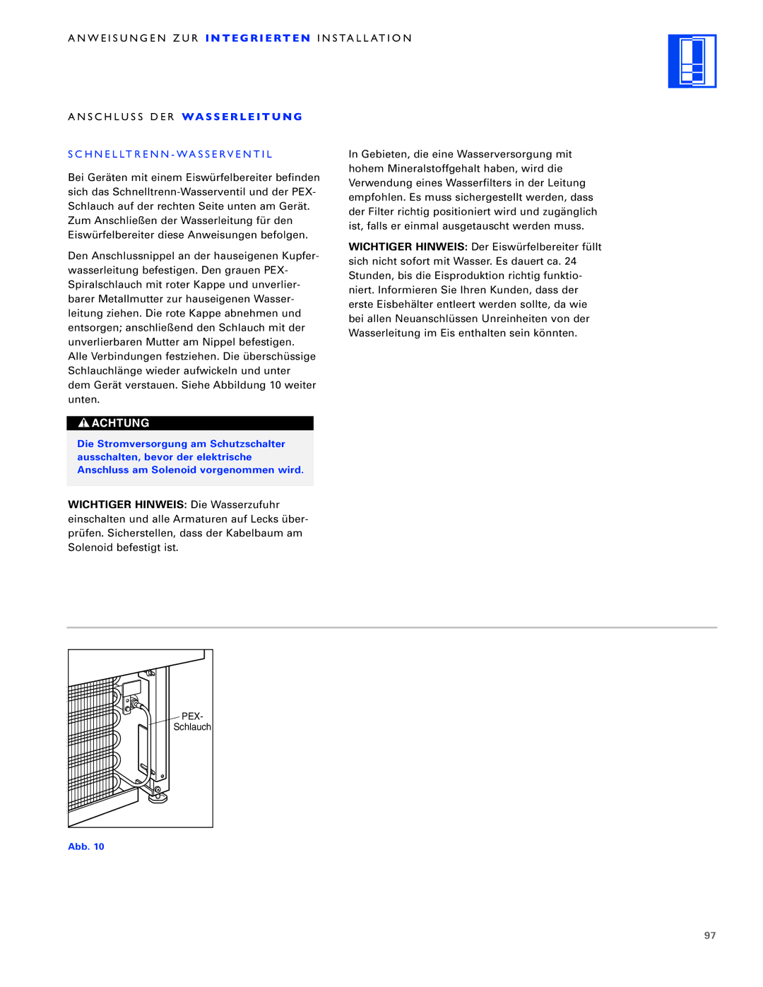 Sub-Zero ICB700TCI, ICB700TFI, ICB700TR installation instructions Anschluss DER WA S S E R L E I T U N G 