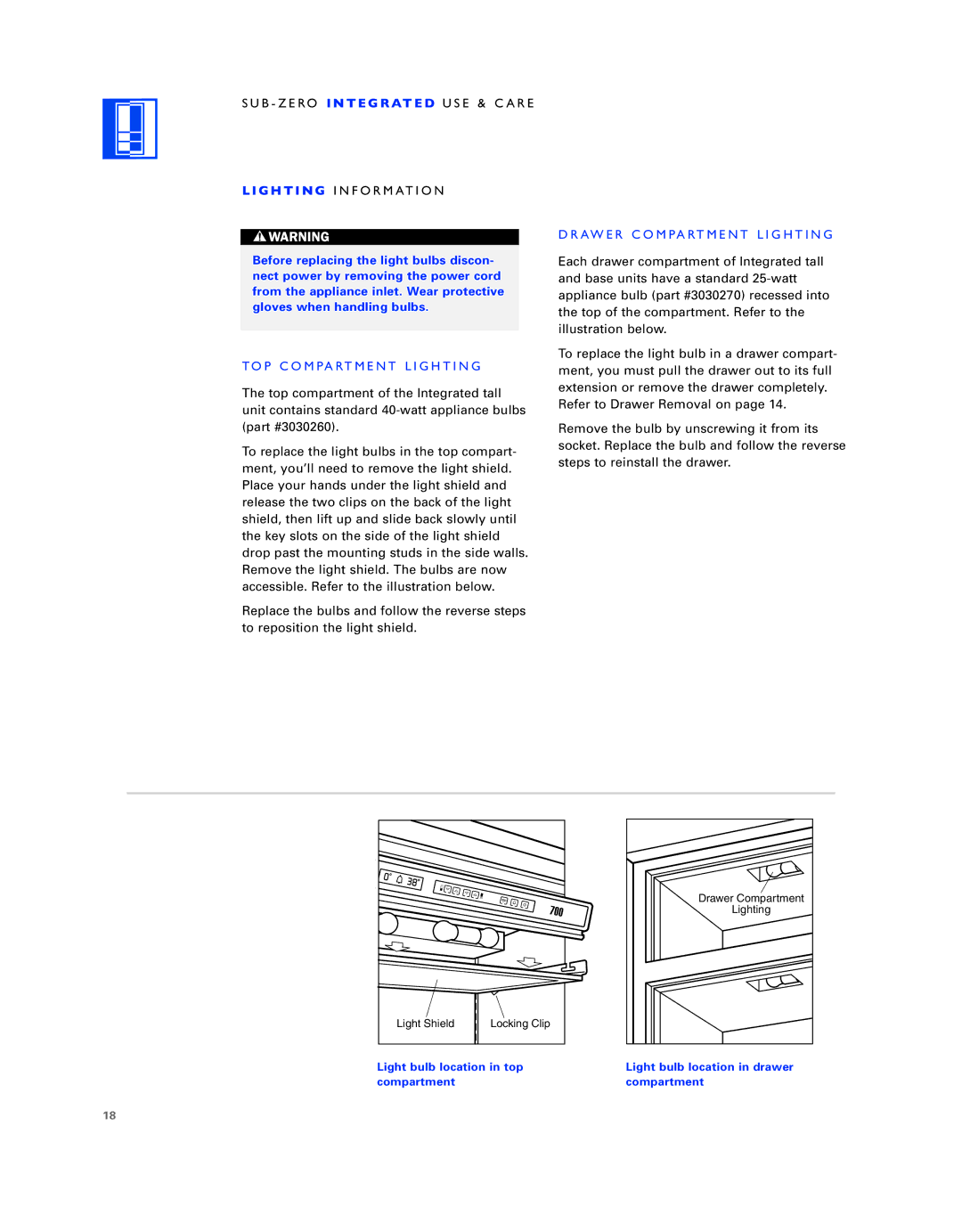 Sub-Zero ICB736TCI manual G H T I N G Information, TOP Compartment Lighting, Drawer Compartment Lighting 