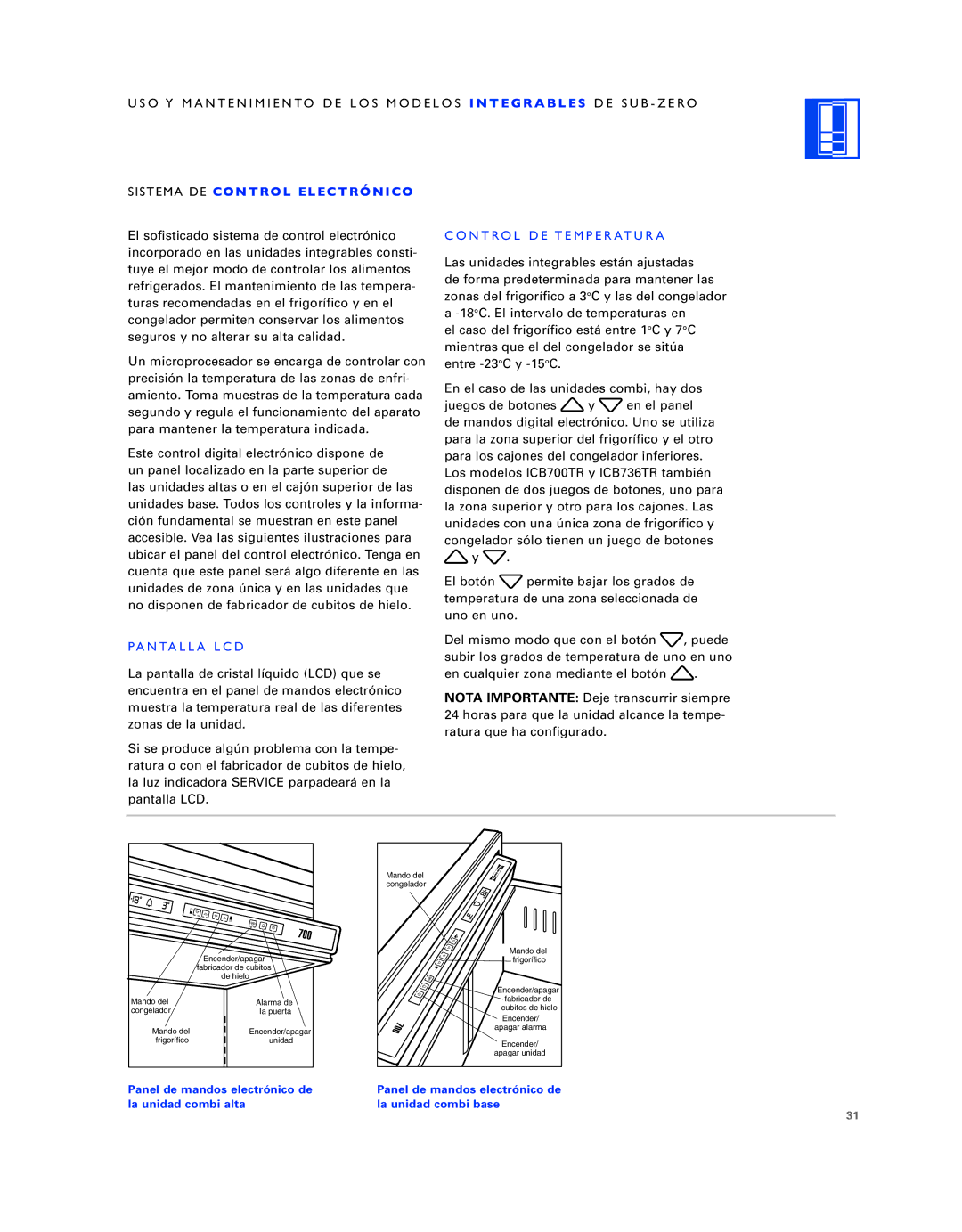 Sub-Zero ICB736TCI manual Sistema DE Control Electrónico, Control DE Temperatura, Pantalla LCD 