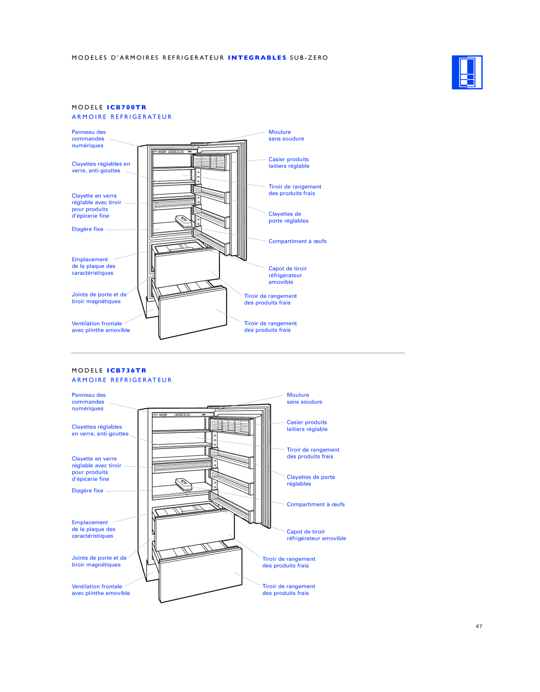 Sub-Zero ICB736TCI manual Modele I C B 7 0 0 T R, Armoire Refrigerateur 