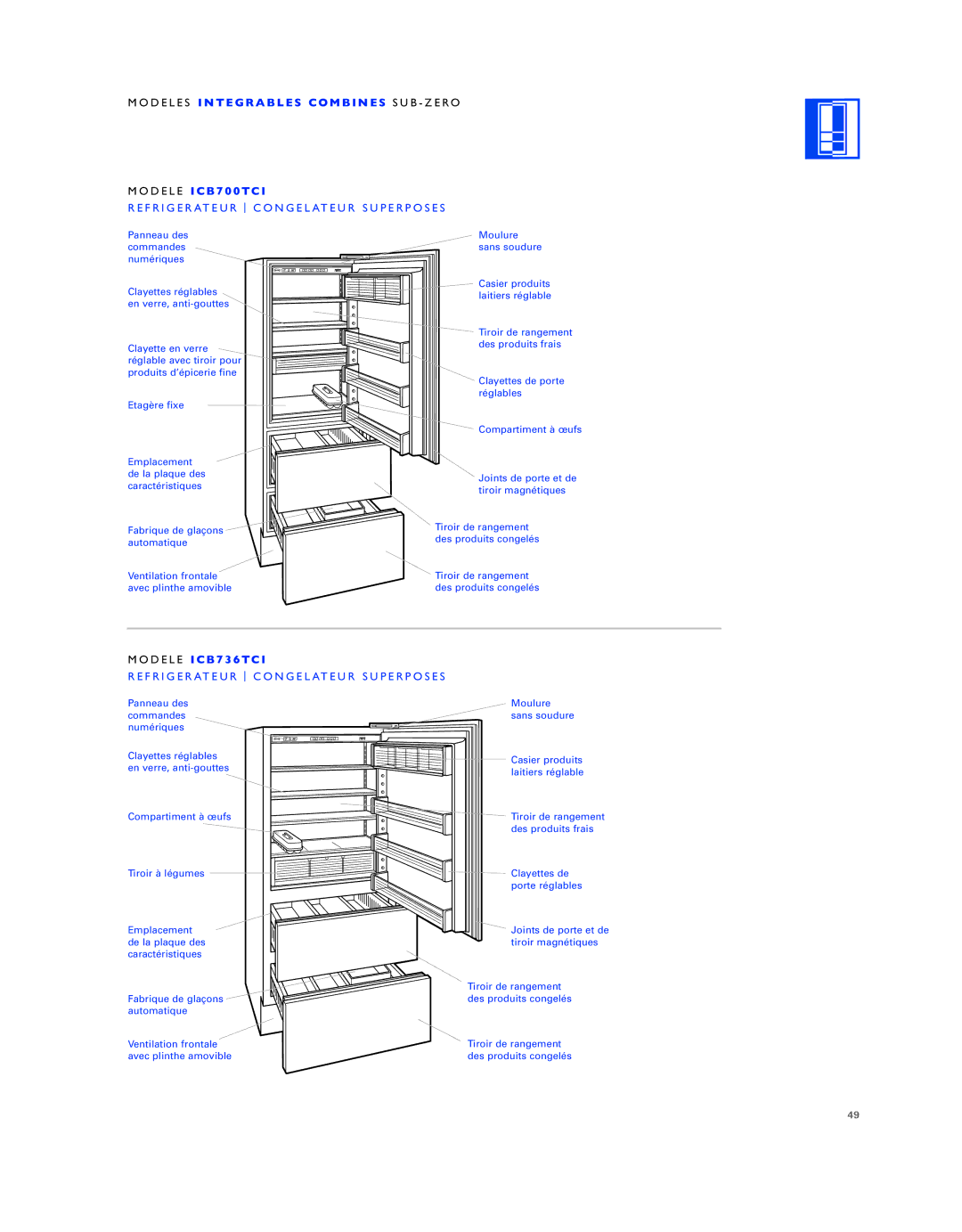 Sub-Zero ICB736TCI manual Refrigerateur Congelateur Superposes, Modele I C B 7 3 6 TC 