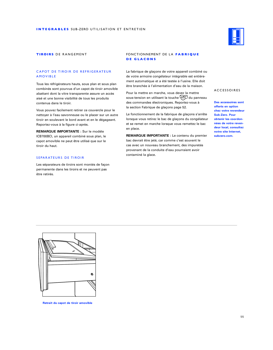 Sub-Zero ICB736TCI manual Apot DE Tiroir DE Refrigerateur Amovible, Separateurs DE Tiroir, G L a C O N S 