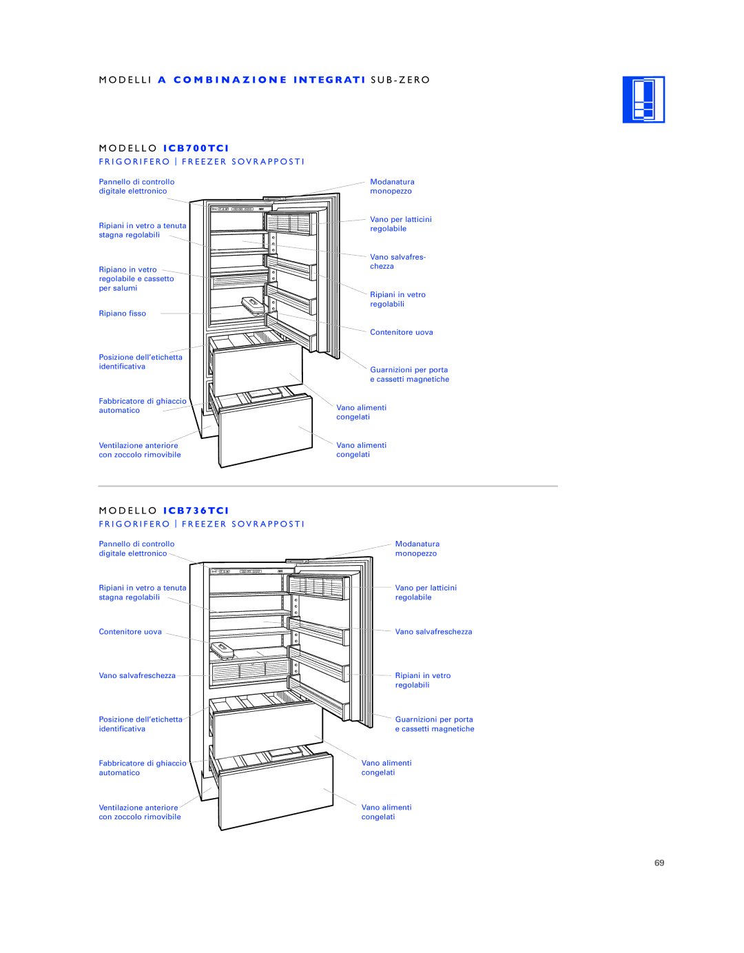 Sub-Zero ICB736TCI manual Modello I C B 7 3 6 TC, I G O R I F E RO Freezer Sovrapposti, Frigorifero Freezer Sovrapposti 