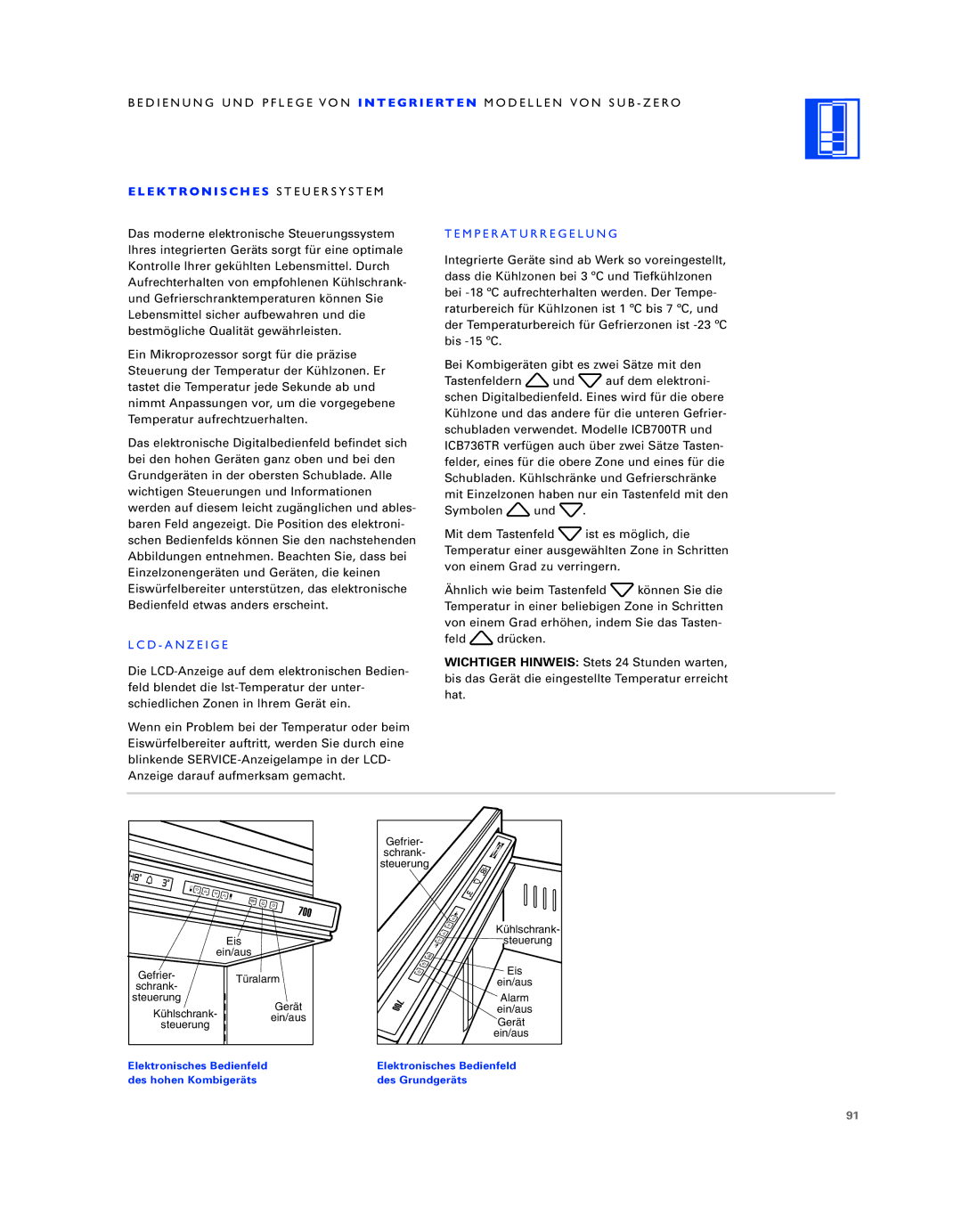 Sub-Zero ICB736TCI manual E K T R on I S C H E S S T E U E R S Y S T E M, Temperaturregelung, LCD Anzeige 