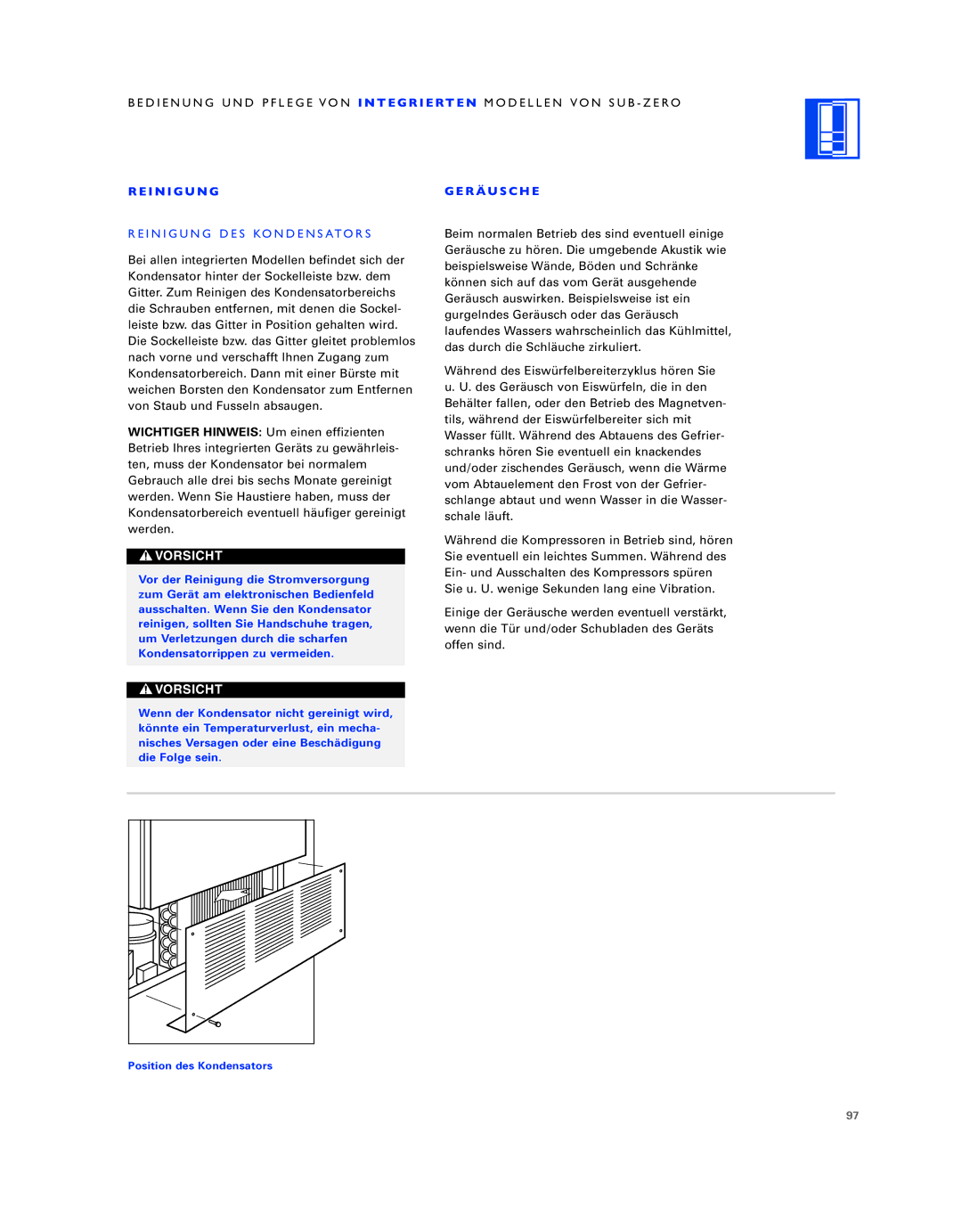 Sub-Zero ICB736TCI manual I N I G U N G R Äu S C H E, Reinigung DES Kondensators 