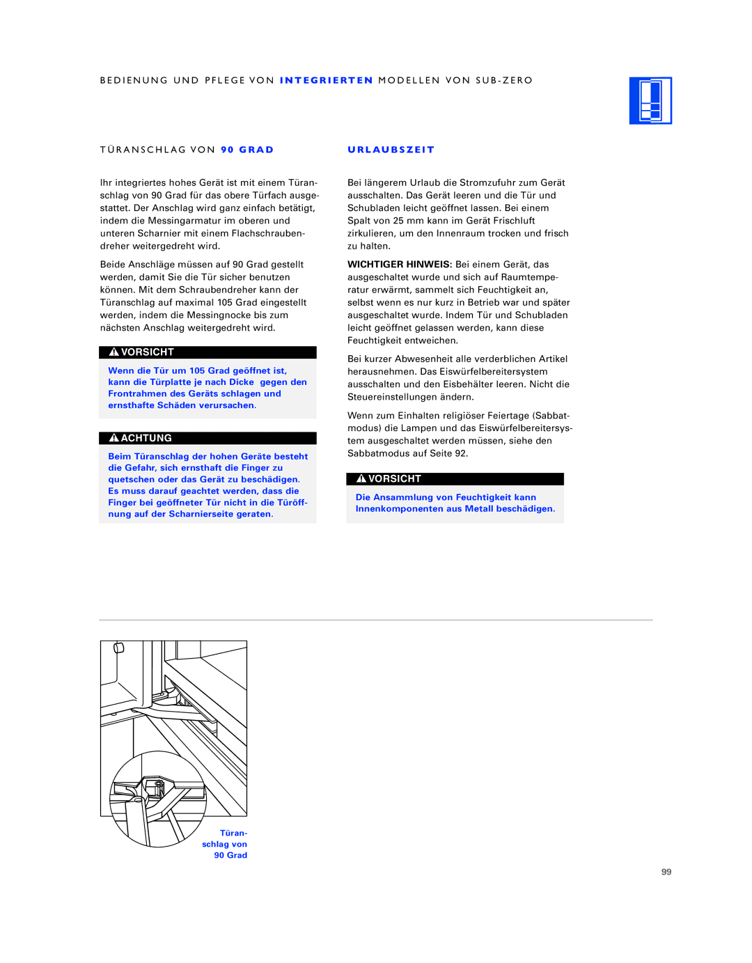 Sub-Zero ICB736TCI manual Türanschlag VON 9 0 G R a D LAU B S Z E I T 