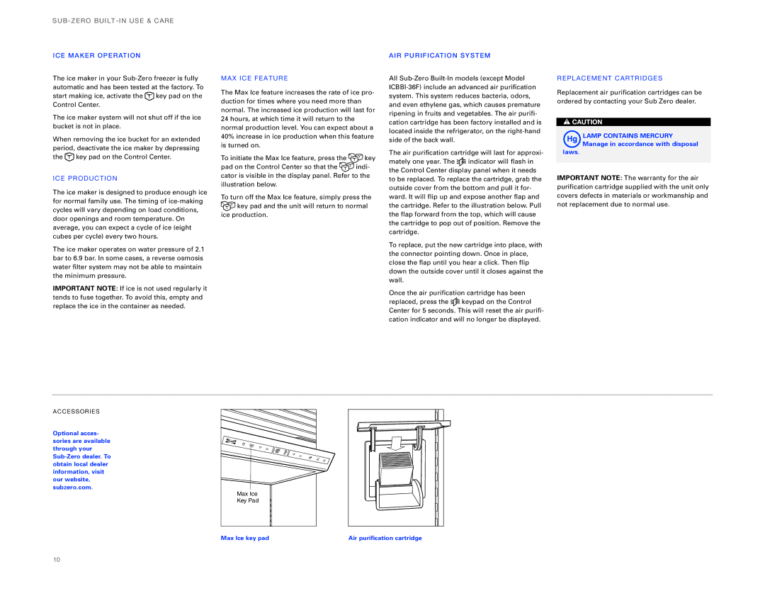 Sub-Zero ICBBI-30UG, ICBBI-36UG manual ICE Maker Oper Ation, ICE PRO Duction, MAX IC E FE Ature, AIR PU Rific Atio N Syste M 