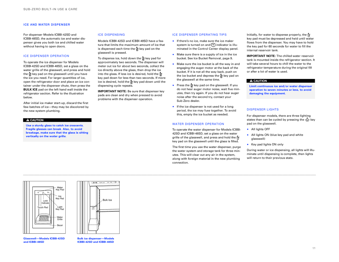 Sub-Zero ICBBI-36UG ICE and Water Dispe NSE R, ICE DI Spen SER Operation, ICE Dispen SIN G, Wate R DI Spense R Opera TI on 