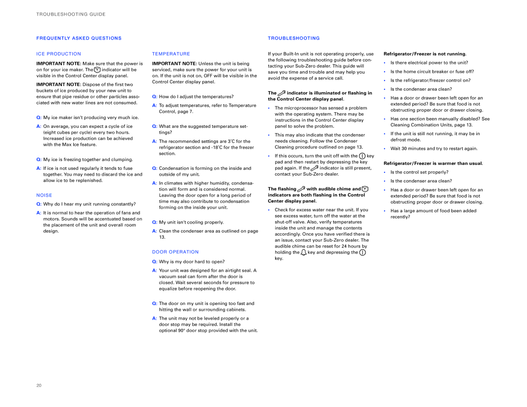 Sub-Zero ICBBI-30UG, ICBBI-36UG manual TR Oubl Eshoot ING Guide, Refrigerator/Freezer is not running 
