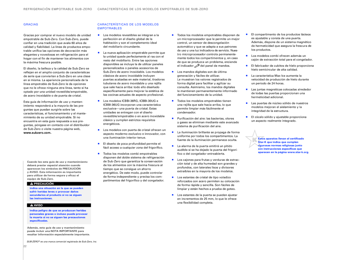 Sub-Zero ICBBI-30UG, ICBBI-36UG manual Refrigeración E MPO Trable SUB-ZERO Caracte RÍ Stic AS 