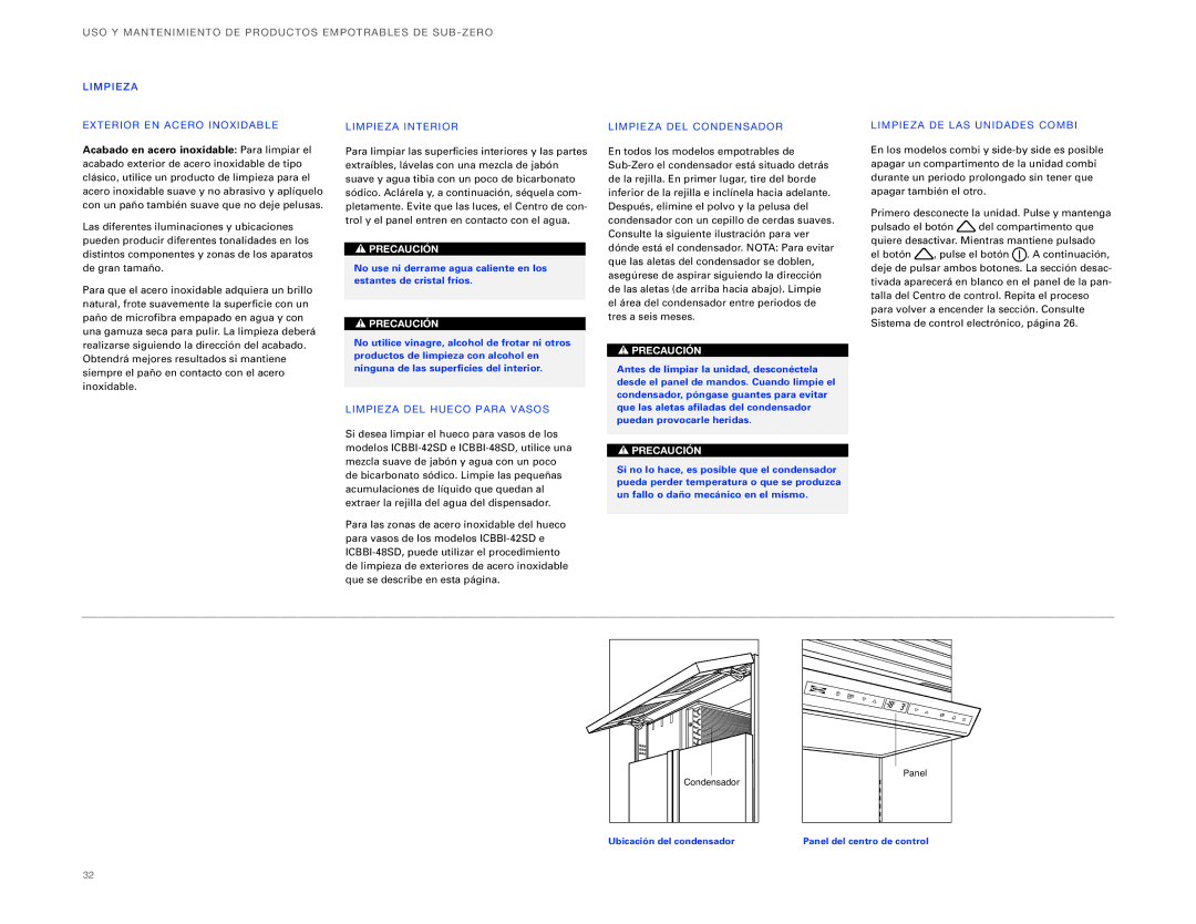 Sub-Zero ICBBI-30UG Limp IE ZA EX Teri or EN Acero INO XID ABL E, LIM Pieza Inte RI or, LIM Pieza D EL HUE CO PAR a Vaso S 