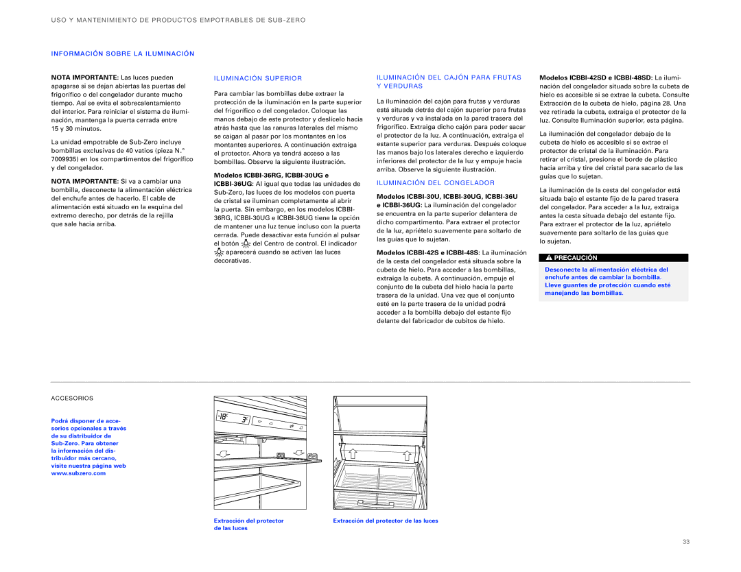 Sub-Zero ICBBI-36UG manual Modelos ICBBI-36RG, ICBBI-30UG e, Modelos ICBBI-30U, ICBBI-30UG, ICBBI-36U 
