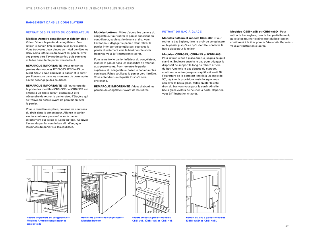 Sub-Zero ICBBI-36UG, ICBBI-30UG manual Modèles Armoire congélateur et side-by-side, Retr AI T DU B AC À G LA CE 