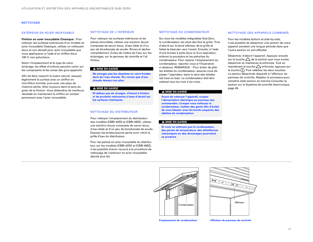 Sub-Zero ICBBI-36UG manual Ntretien DES Appareils Encastrab LES SUB -ZERO, Finition en acier inoxydable Classique Pour 