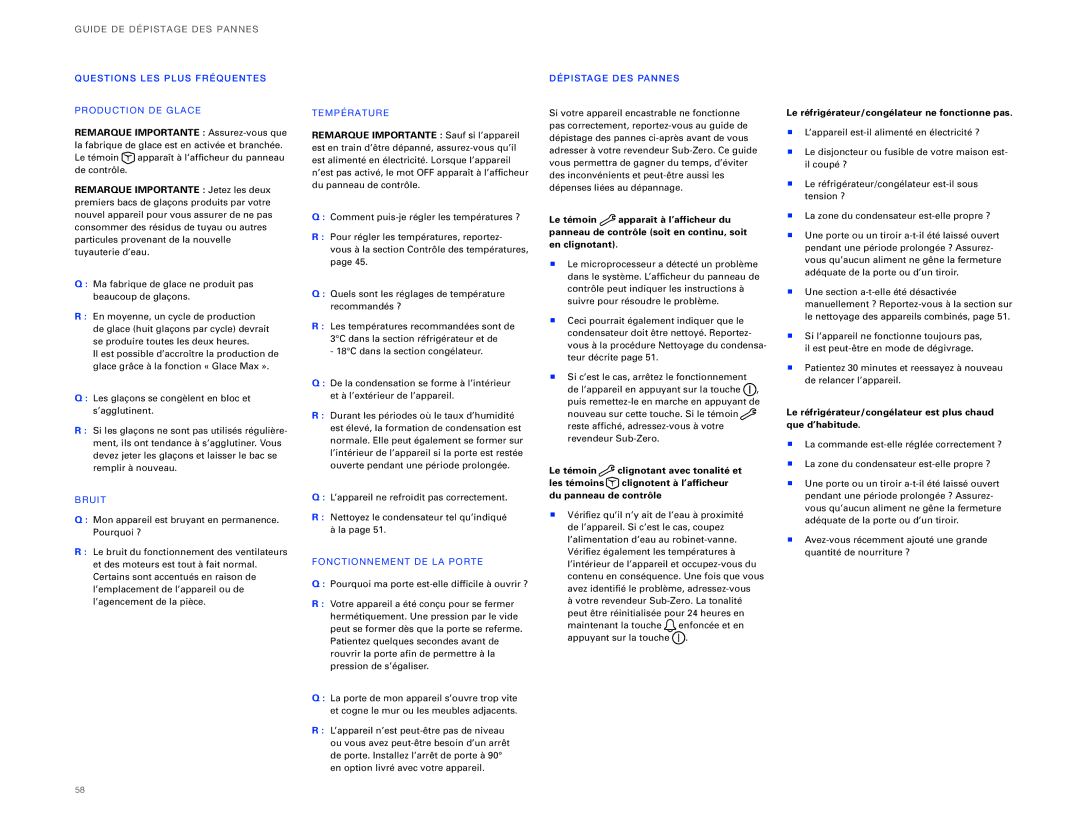 Sub-Zero ICBBI-30UG, ICBBI-36UG manual GU ID E DE D Épist AGE DES Pannes, Le réfrigérateur/congélateur ne fonctionne pas 