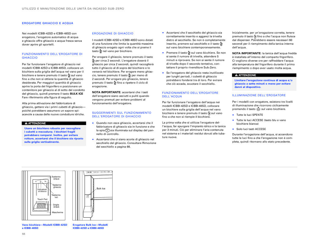 Sub-Zero ICBBI-30UG, ICBBI-36UG manual ERO Gato RE GHI Accio E AC QUA, FU Nzio Namen to DELL’ ERO GAT ORE DI GH Iaccio 