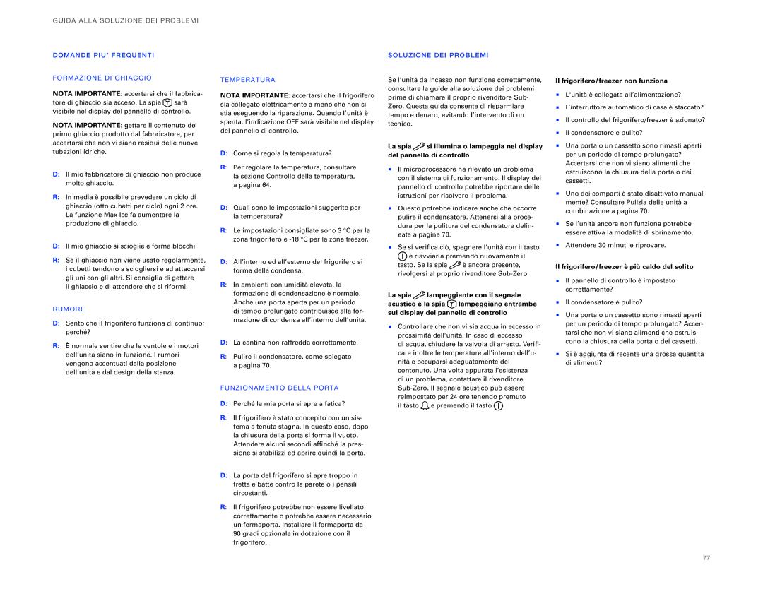 Sub-Zero ICBBI-36UG, ICBBI-30UG manual GU ID a Alla Soluz Ione DEI Problem, Il frigorifero/freezer non funziona 